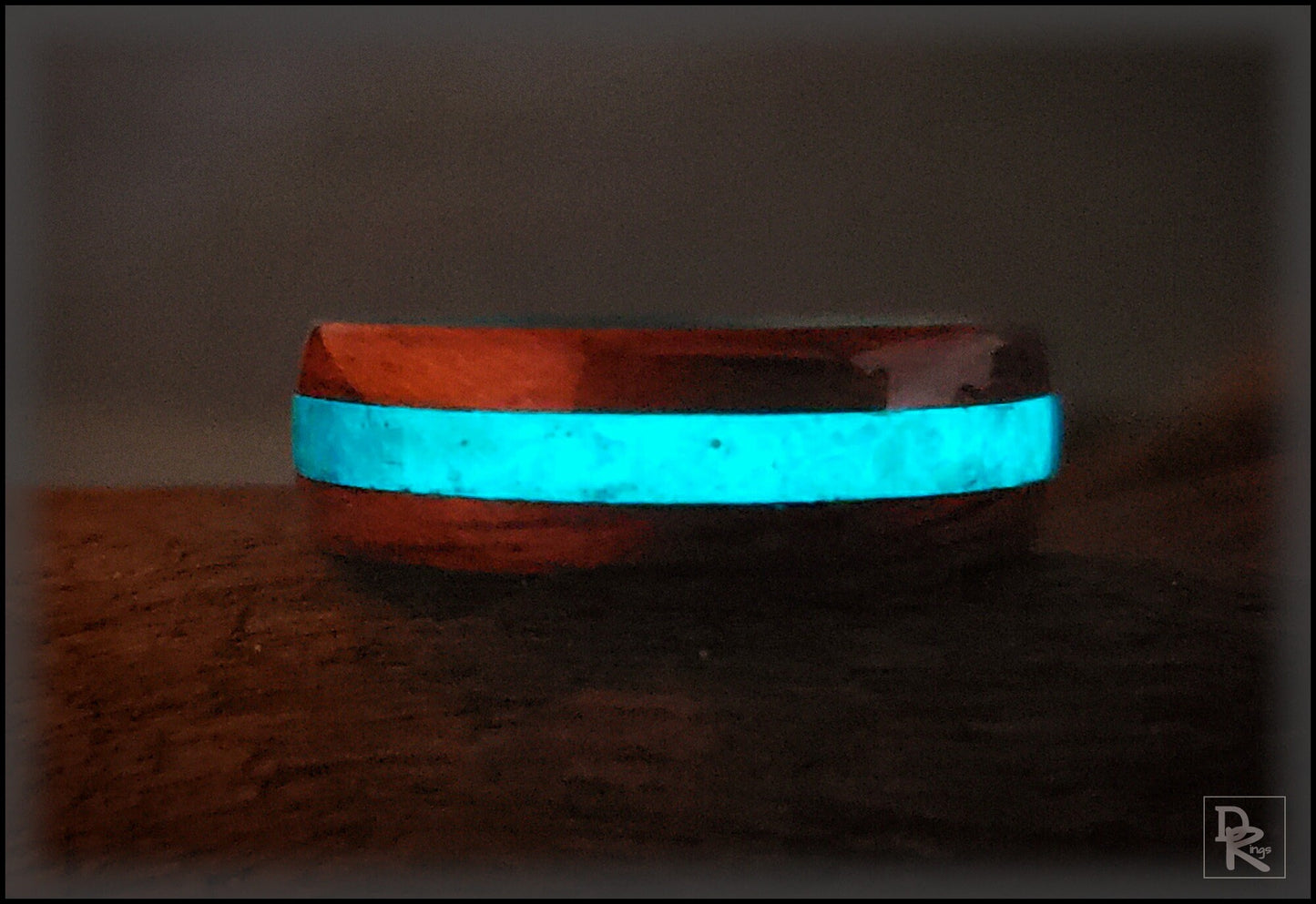 Dual Bentwood Ring - Honduran Mahogany w/Aqua Opal and Glow mix inlay, on bentwood Ocean Blue Koto ring core