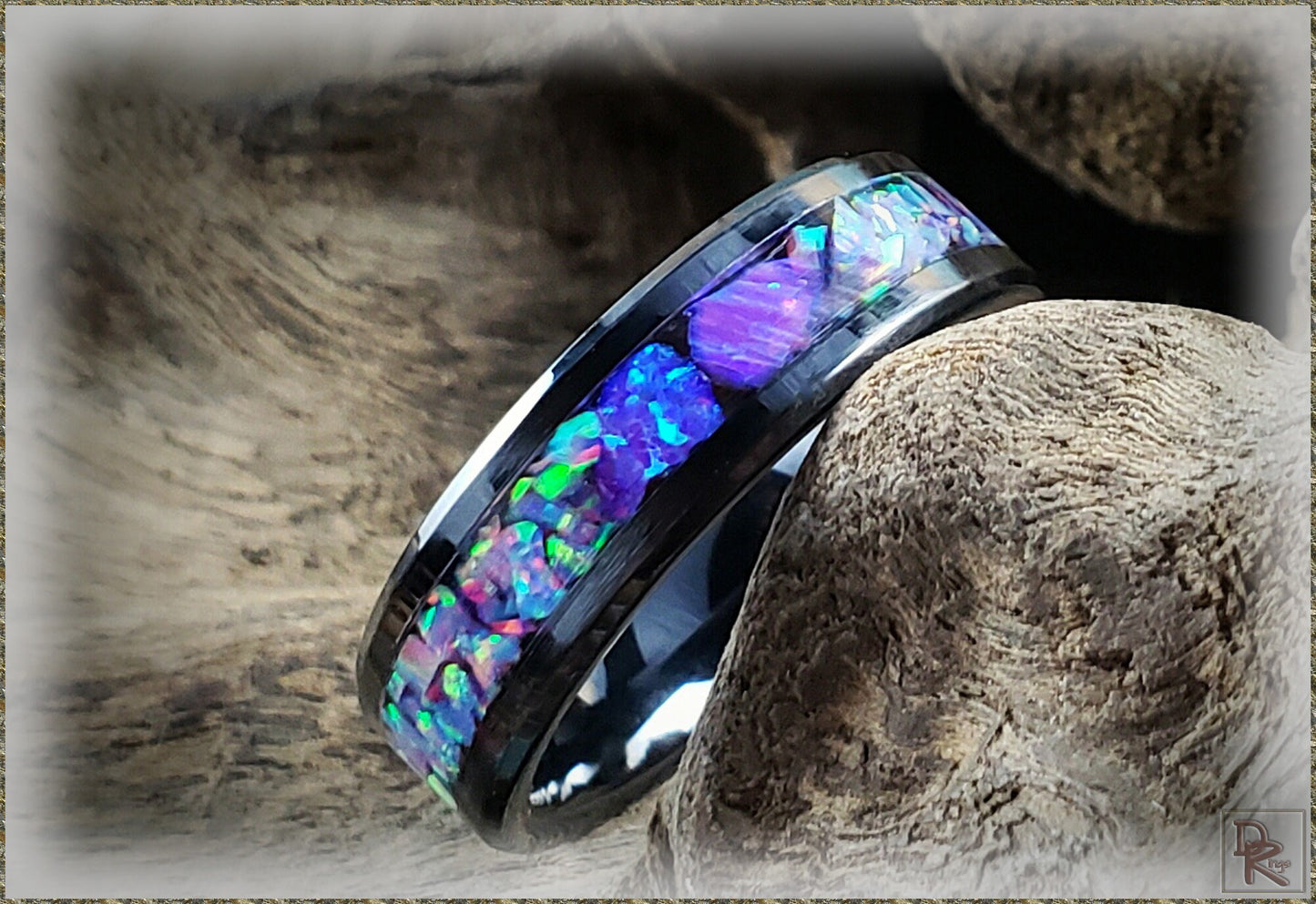 Black Ceramic 6mm Channel Ring w/Multi Lavender and Orchid Opal chunk inlay - ceramic ring