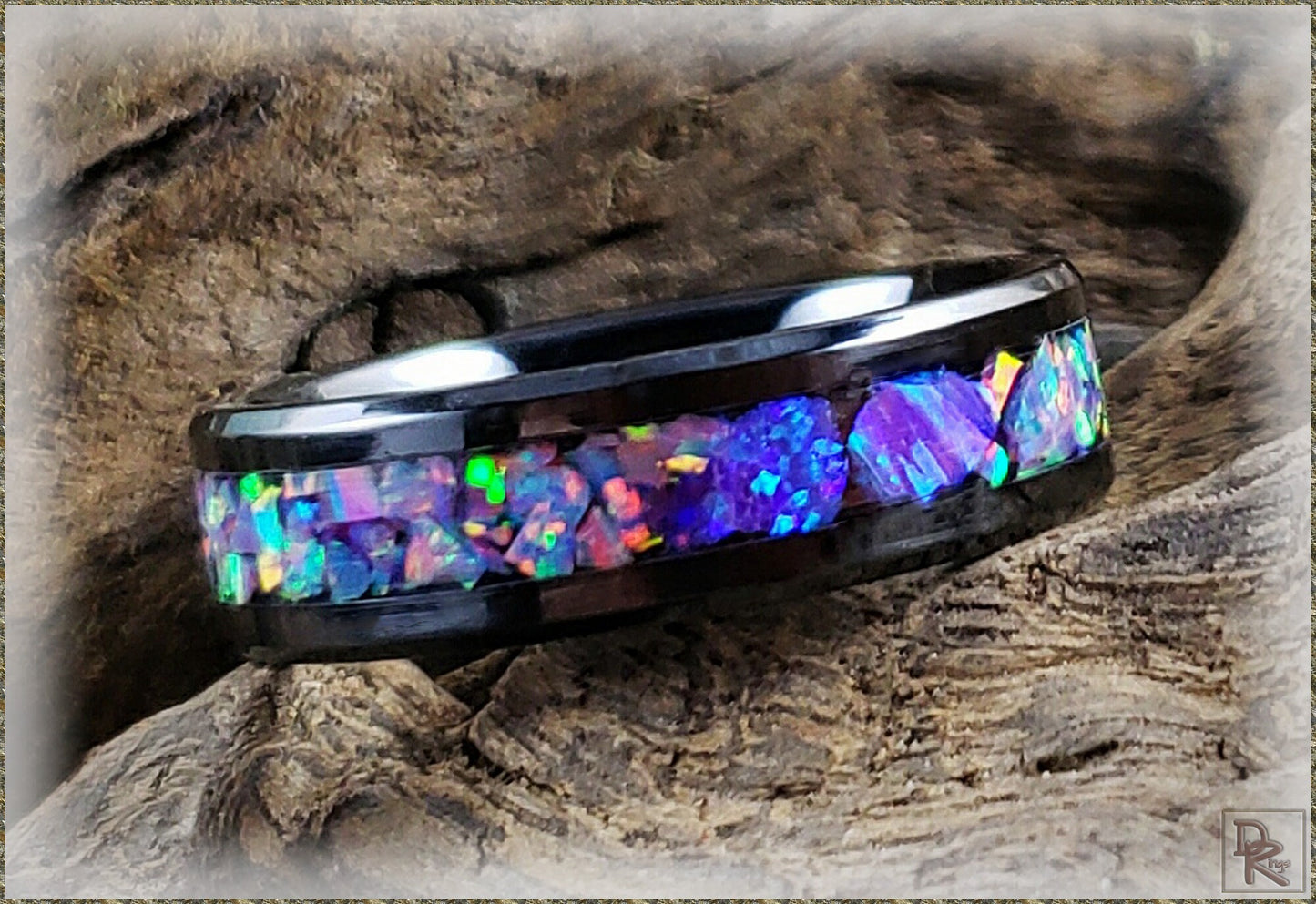 Black Ceramic 6mm Channel Ring w/Multi Lavender and Orchid Opal chunk inlay - ceramic ring