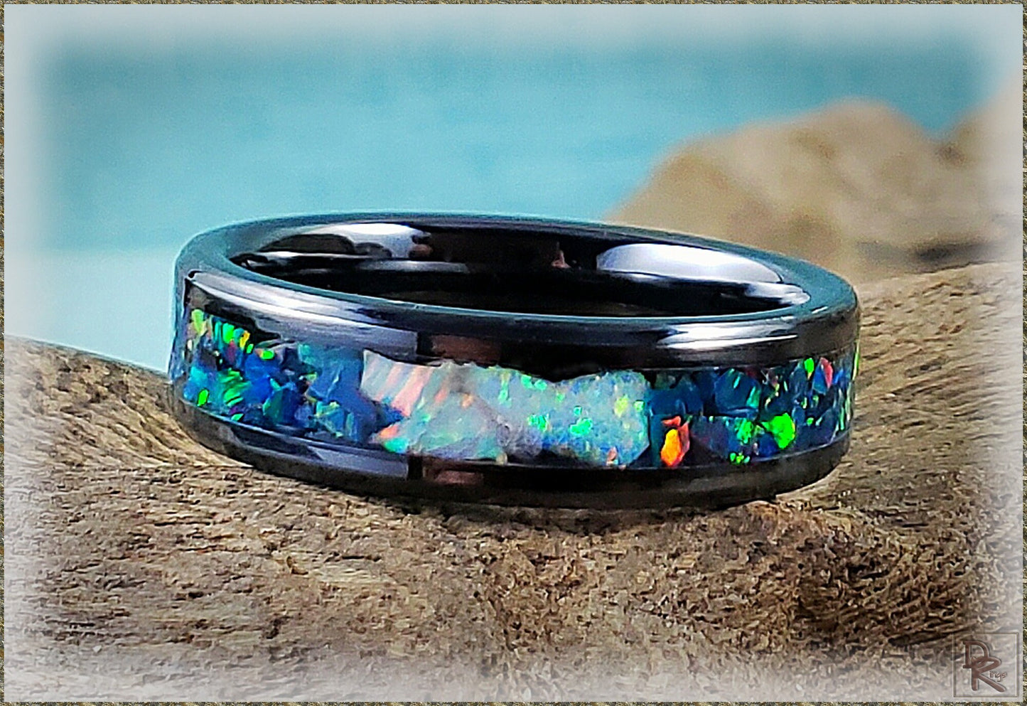 6mm Black Ceramic Channel Ring w/Black Emerald and Fire and Snow Opal chunk inlay - ceramic ring