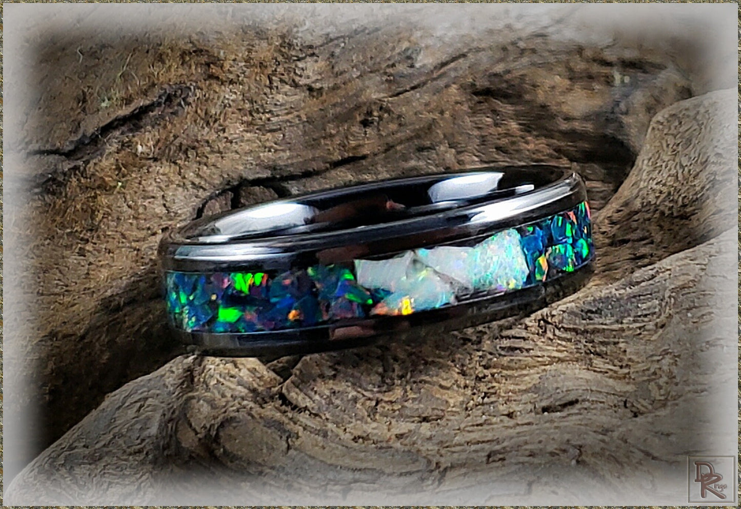 6mm Black Ceramic Channel Ring w/Black Emerald and Fire and Snow Opal chunk inlay - ceramic ring