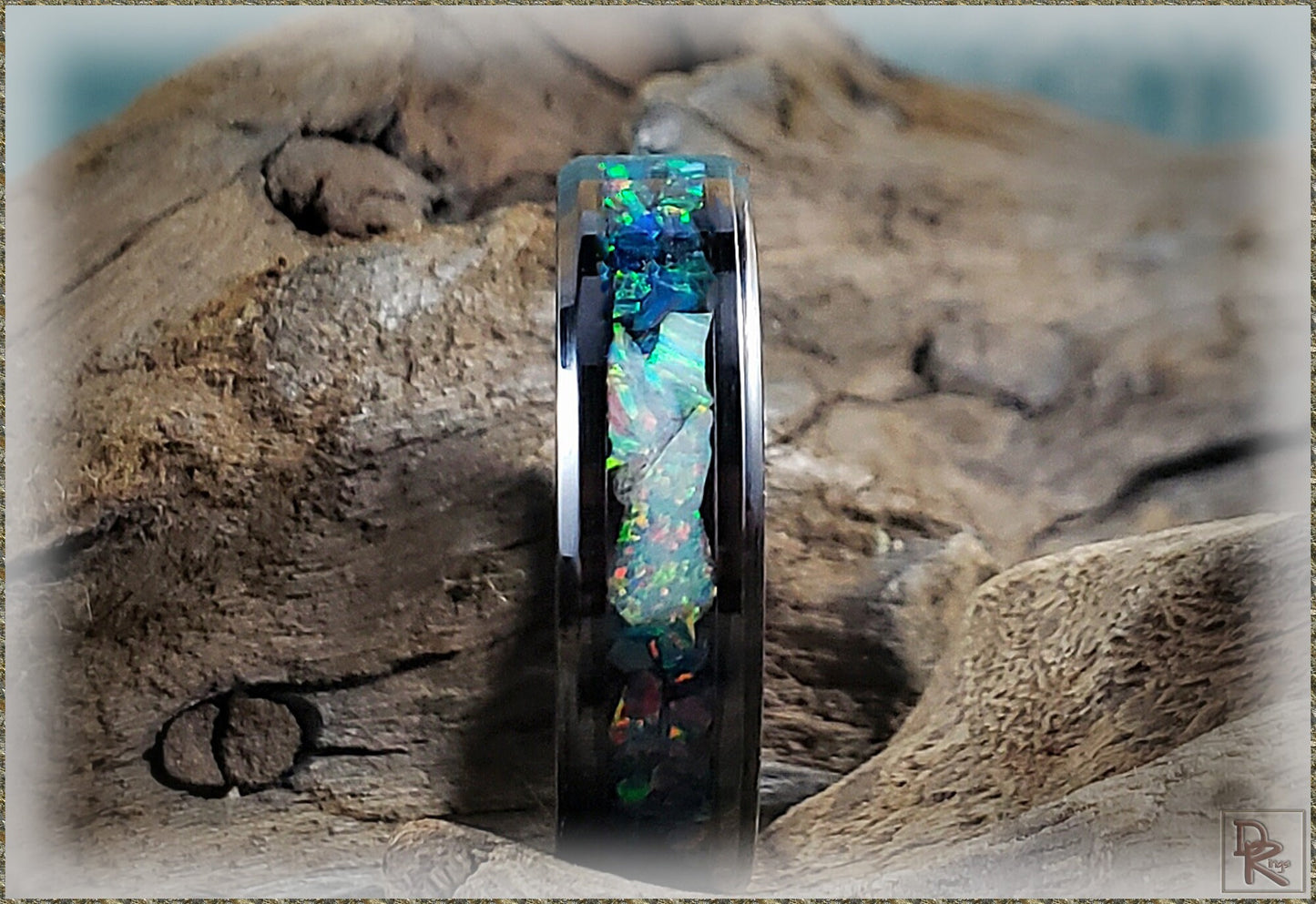 6mm Black Ceramic Channel Ring w/Black Emerald and Fire and Snow Opal chunk inlay - ceramic ring