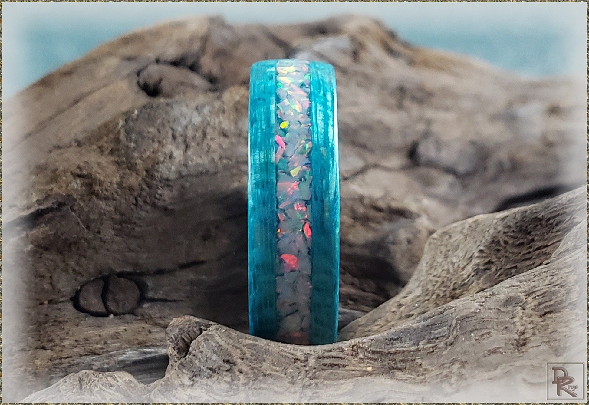 Bentwood Ring - Ocean Blue Koto w/Sun and Ice Opal inlay, on polished white ceramic ring core - wood ring