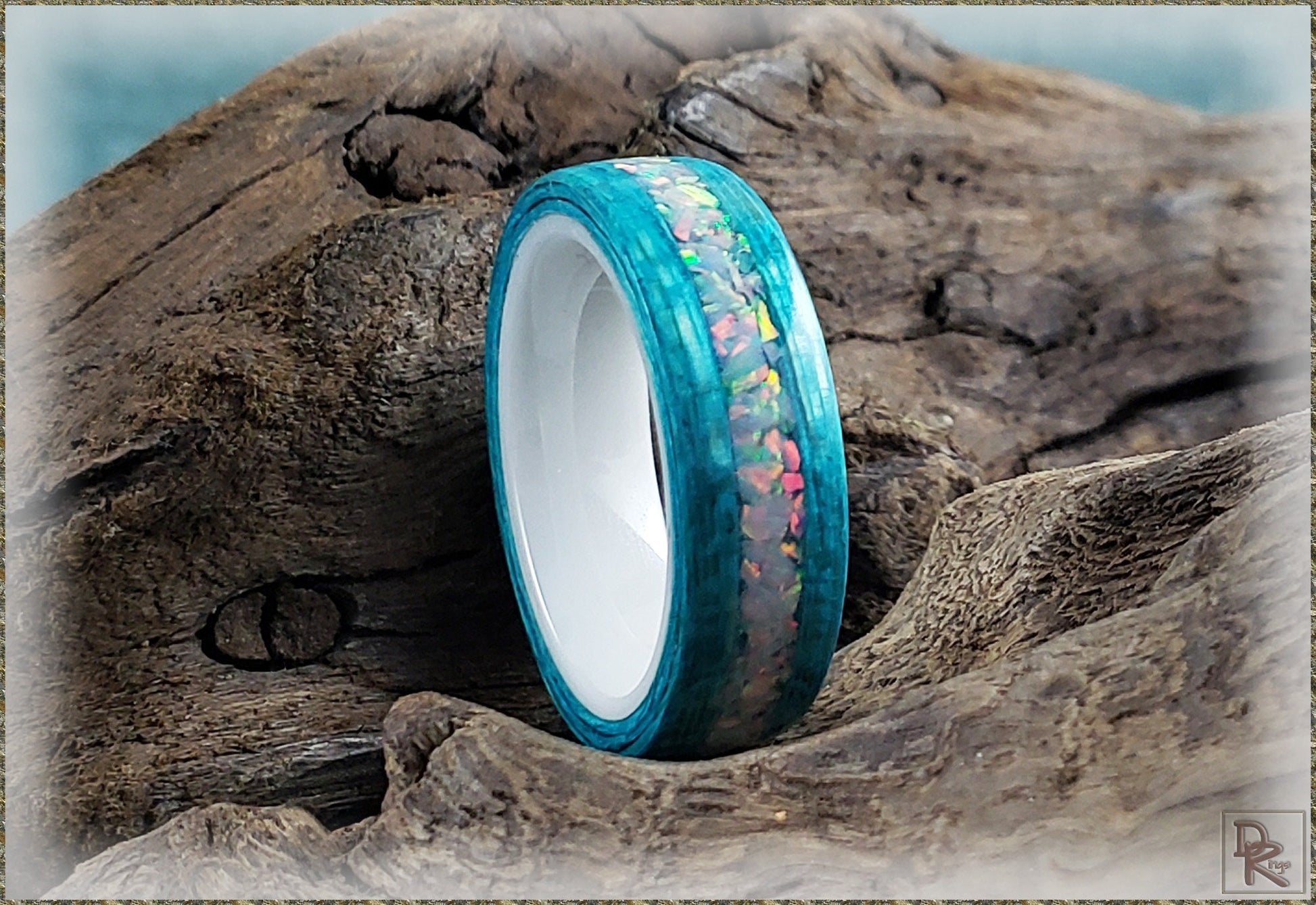 Bentwood Ring - Ocean Blue Koto w/Sun and Ice Opal inlay, on polished white ceramic ring core - wood ring