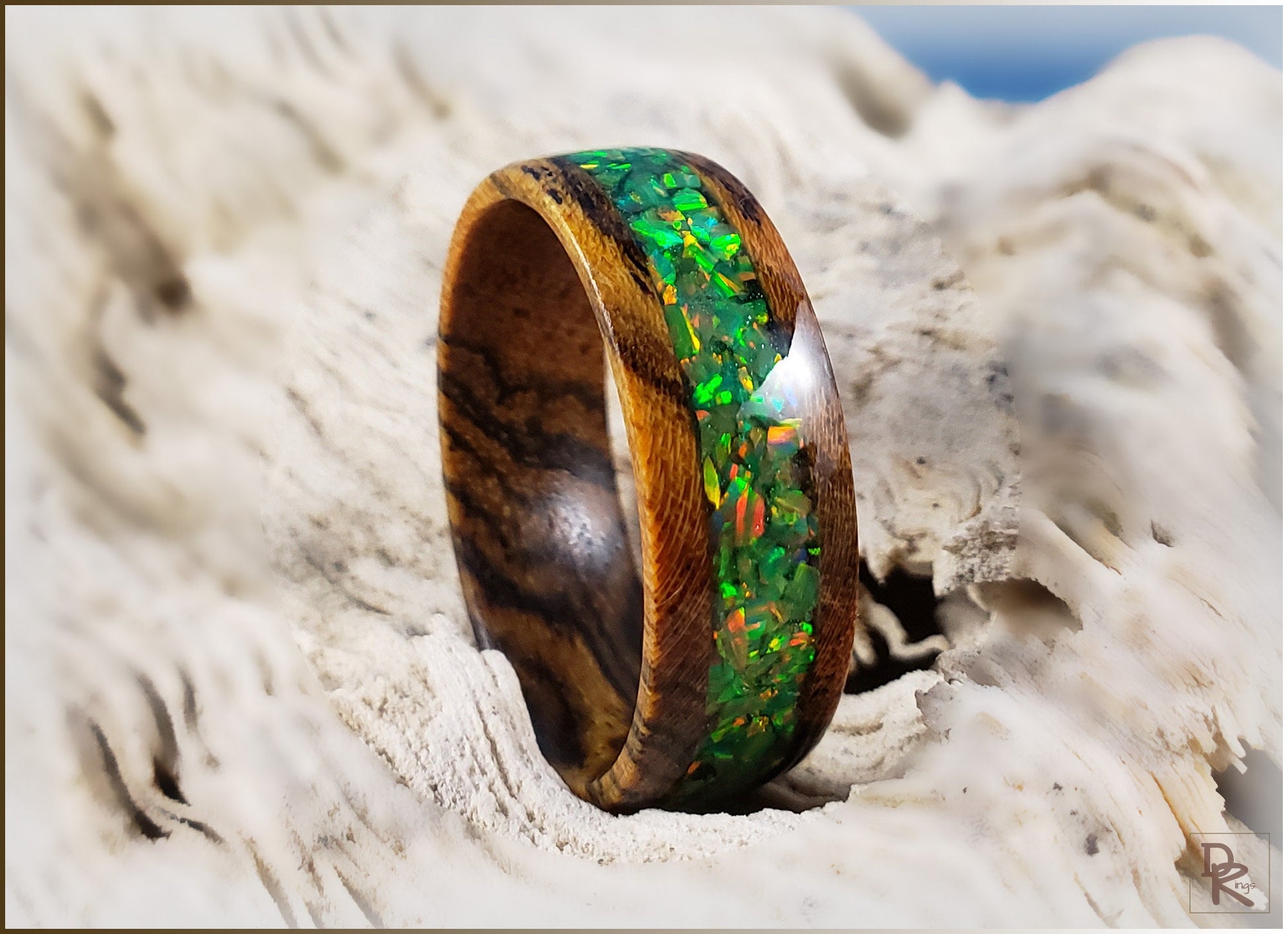 Bocote 8mm Wood Ring w/Olive Green Opal inlay - wood ring