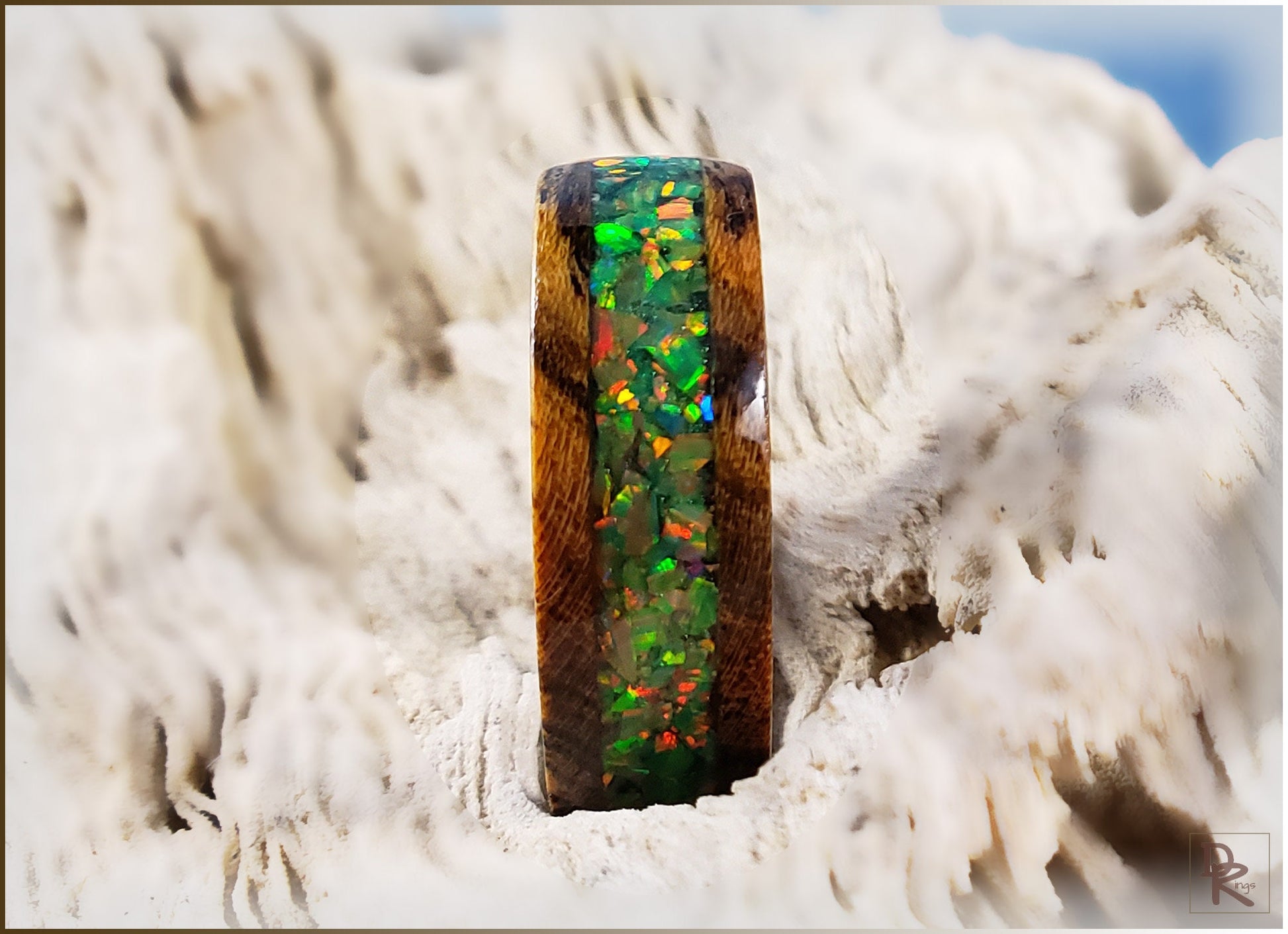 Bocote 8mm Wood Ring w/Olive Green Opal inlay - wood ring