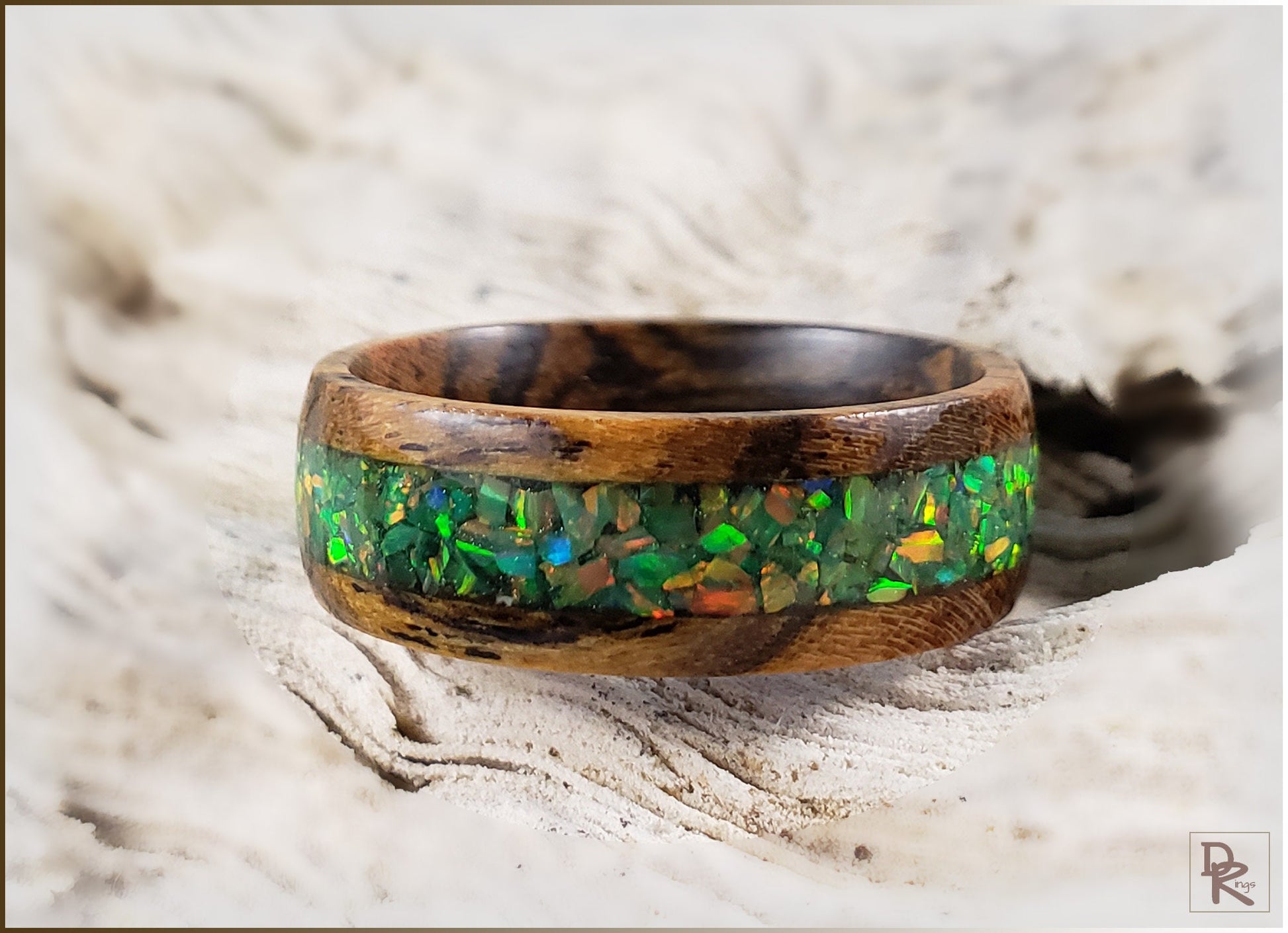 Bocote 8mm Wood Ring w/Olive Green Opal inlay - wood ring