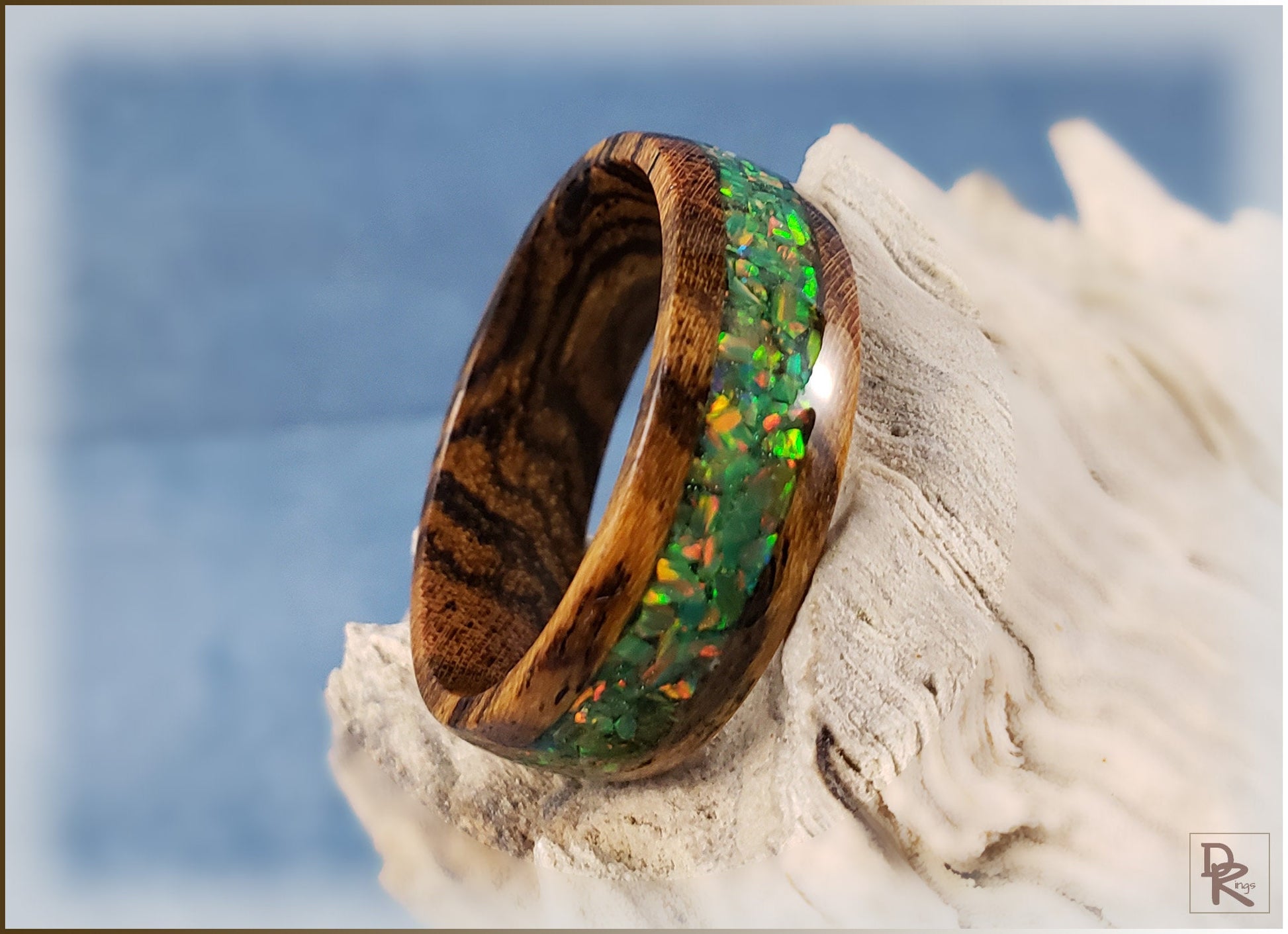 Bocote 8mm Wood Ring w/Olive Green Opal inlay - wood ring