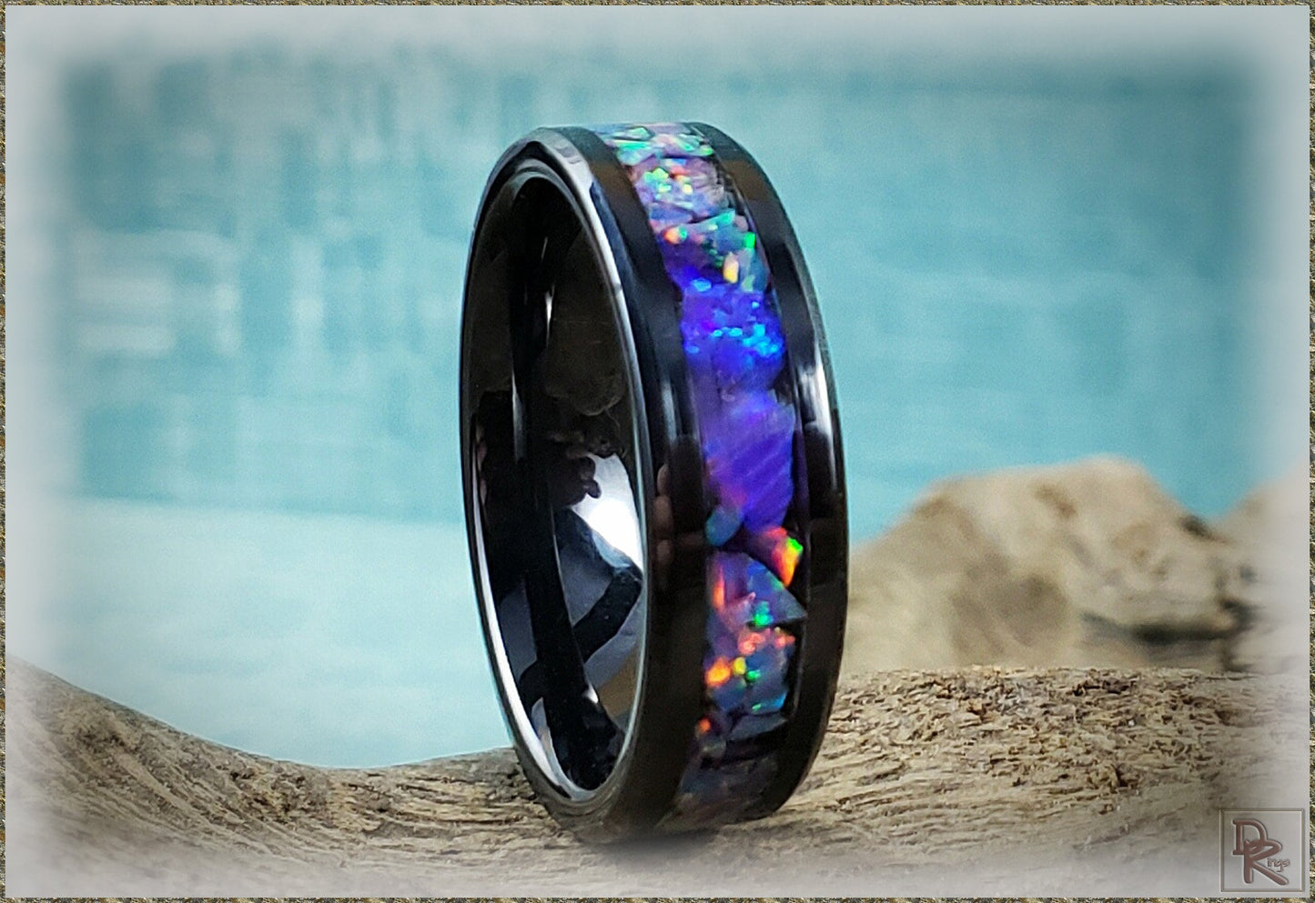 Black Ceramic 6mm Channel Ring w/Multi Lavender and Orchid Opal chunk inlay - ceramic ring