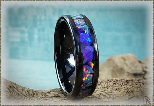 Black Ceramic 6mm Channel Ring w/Multi Lavender and Orchid Opal chunk inlay - ceramic ring