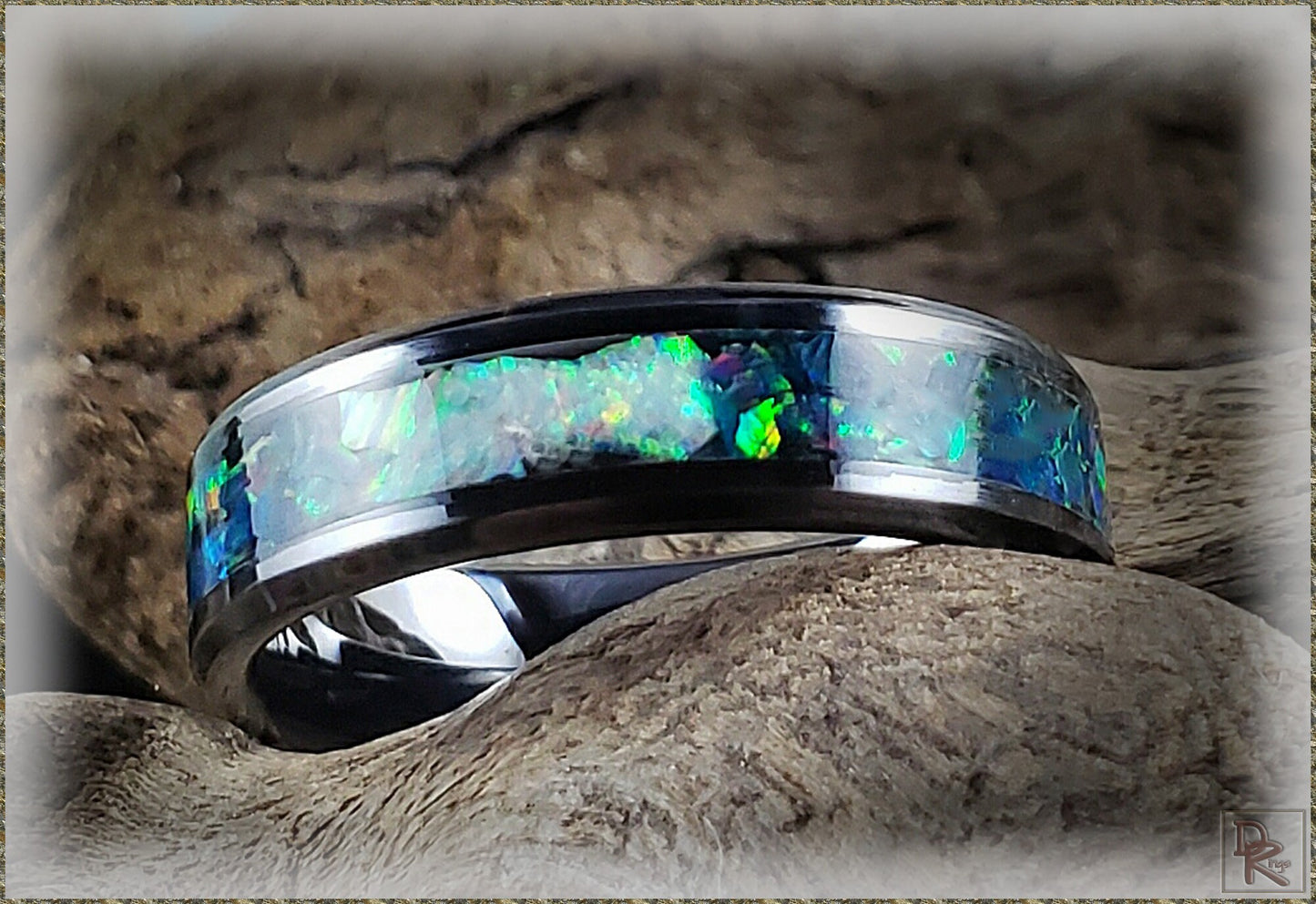 6mm Black Ceramic Channel Ring w/Black Emerald and Fire and Snow Opal chunk inlay - ceramic ring