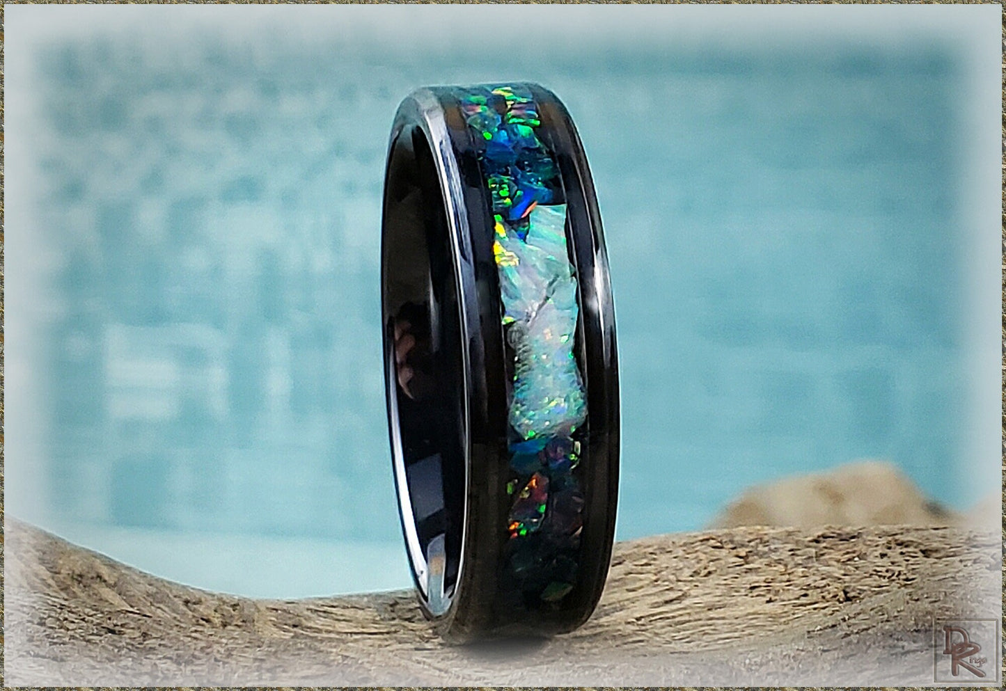 6mm Black Ceramic Channel Ring w/Black Emerald and Fire and Snow Opal chunk inlay - ceramic ring