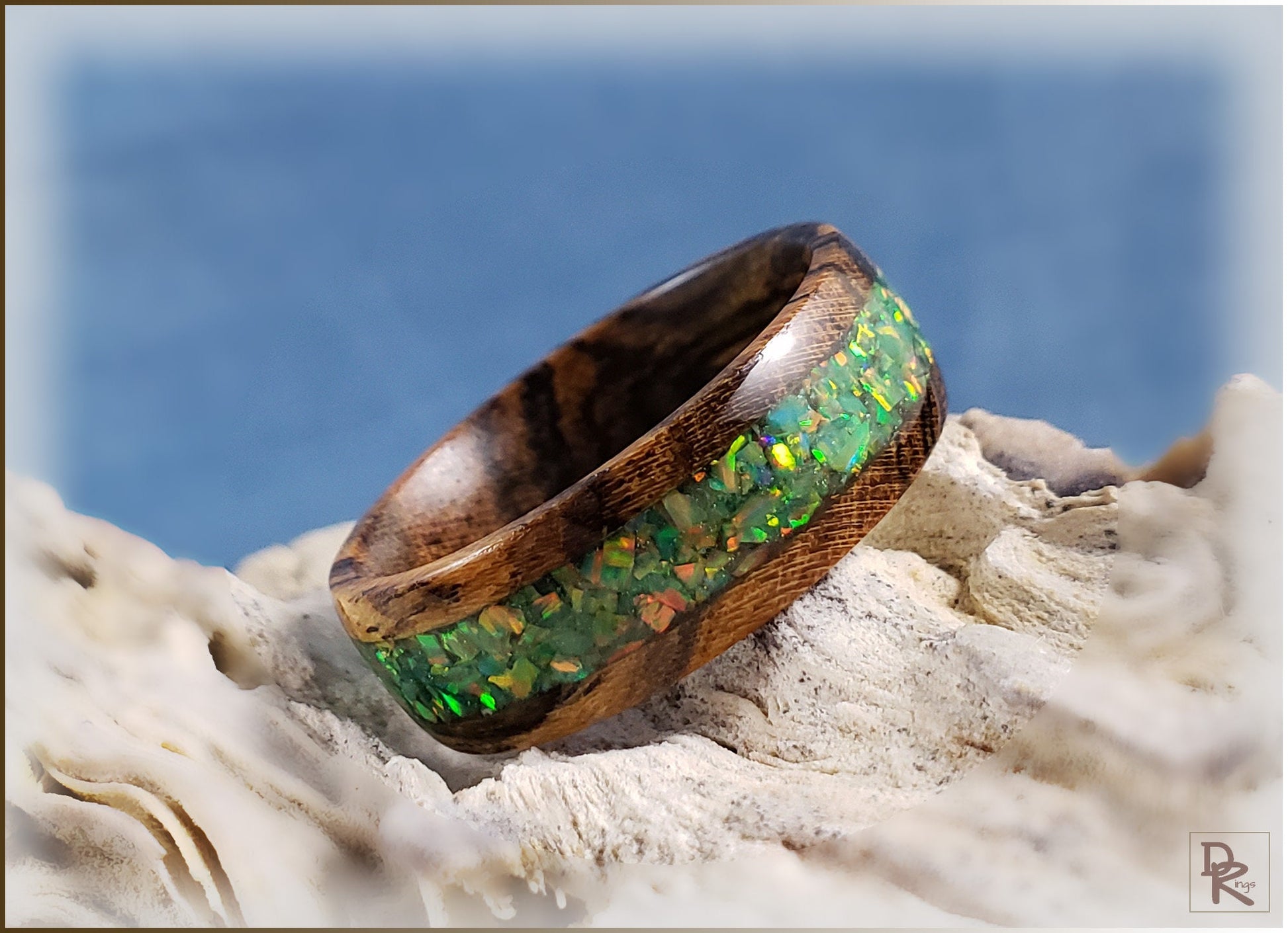 Bocote 8mm Wood Ring w/Olive Green Opal inlay - wood ring