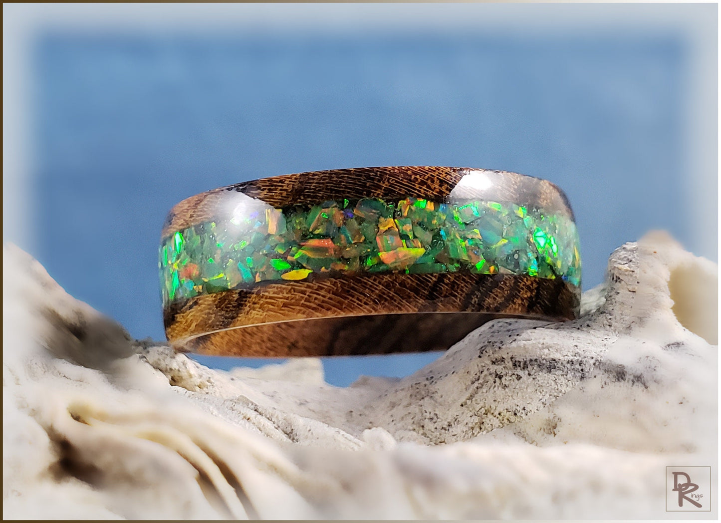 Bocote 8mm Wood Ring w/Olive Green Opal inlay - wood ring