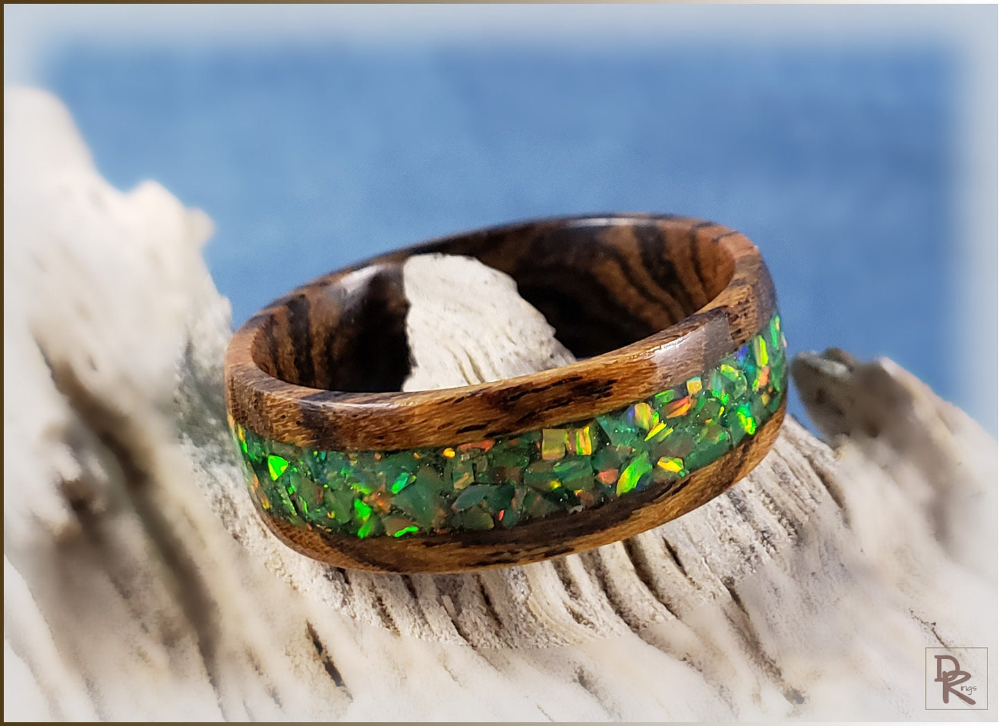 Bocote 8mm Wood Ring w/Olive Green Opal inlay - wood ring