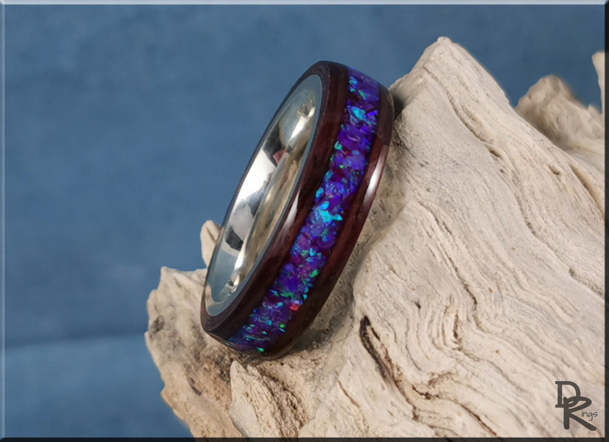 Bentwood Ring - Purpleheart w/Orchid Opal inlay, on premium .925 Sterling Silver ring core - wood ring