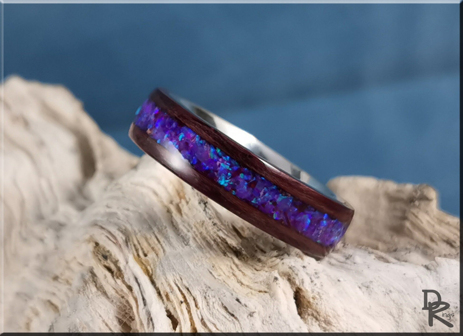 Bentwood Ring - Purpleheart w/Orchid Opal inlay, on premium .925 Sterling Silver ring core - wood ring