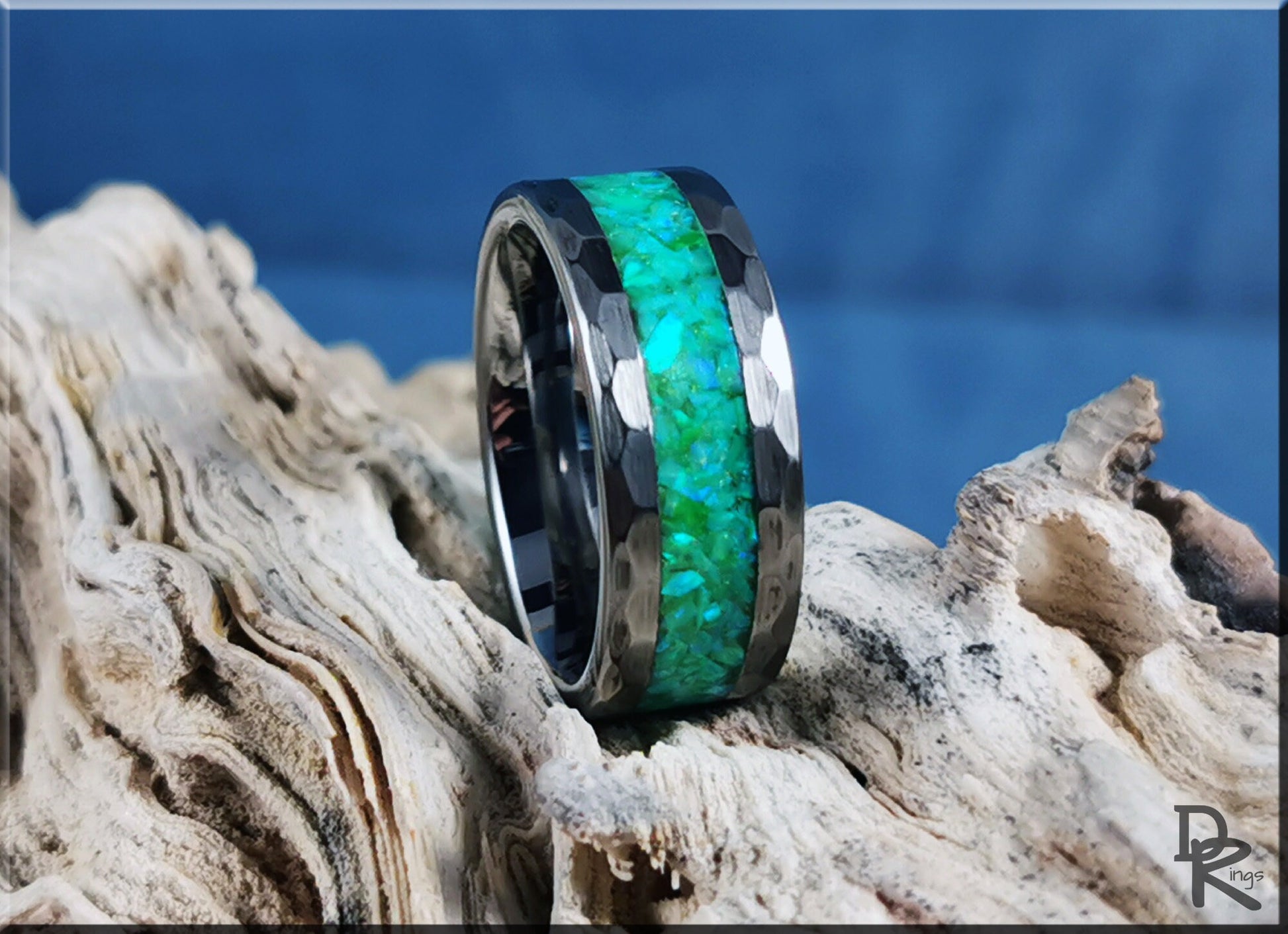 Hammered Tungsten Carbide Channel Ring w/Opal inlay - metal ring