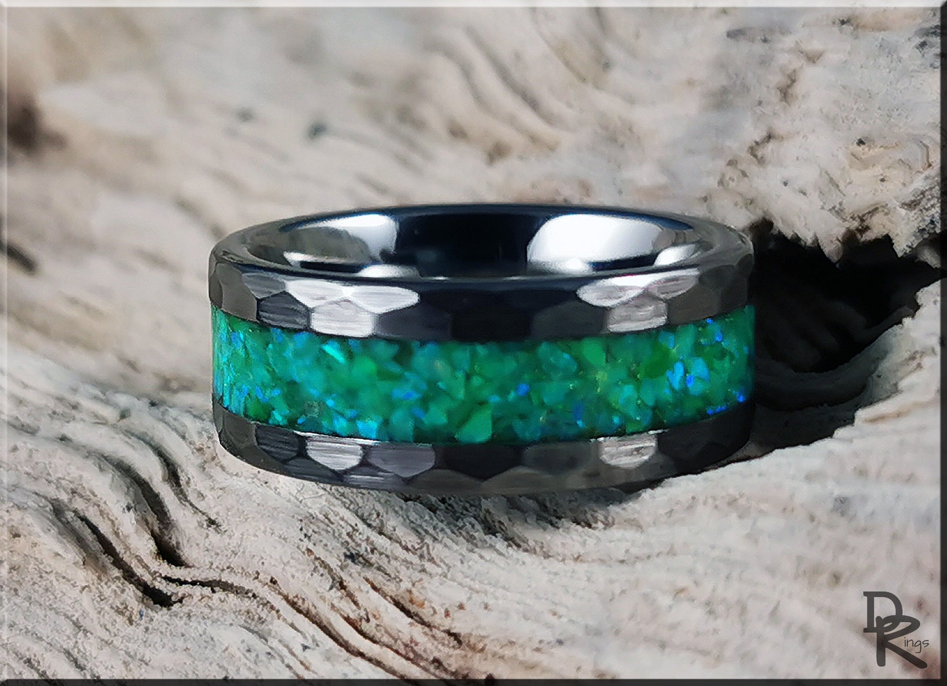 Hammered Tungsten Carbide Channel Ring w/Opal inlay - metal ring