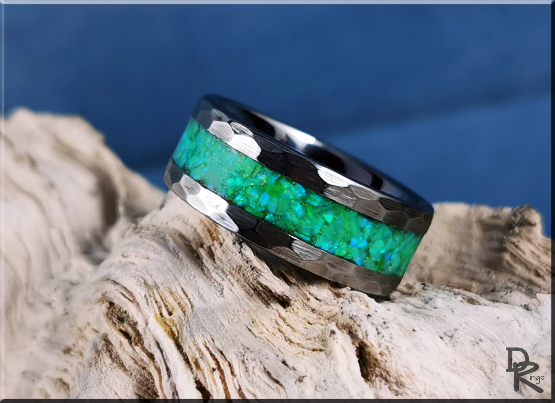Hammered Tungsten Carbide Channel Ring w/Opal inlay - metal ring