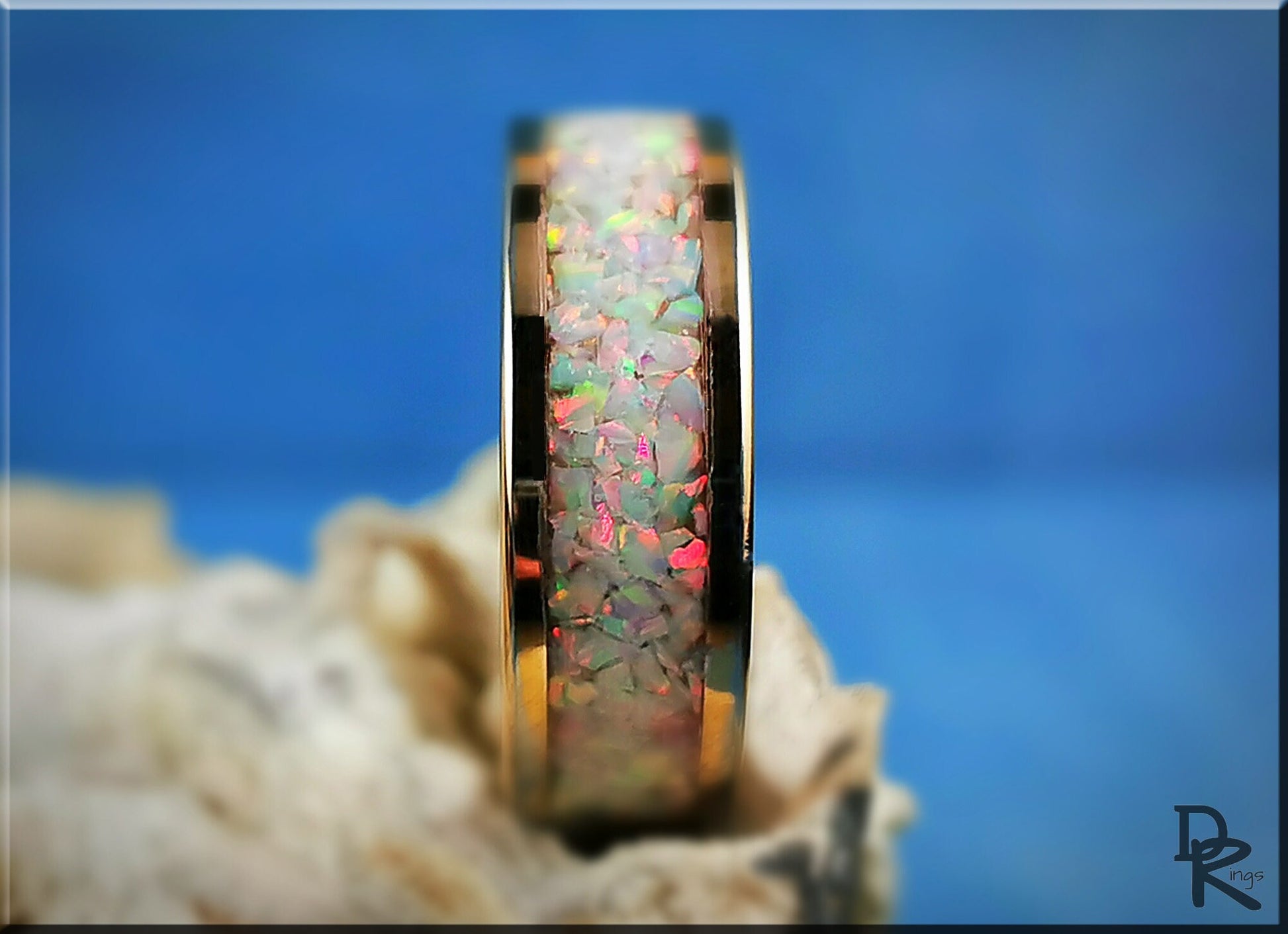 Rose Gold Plated Tungsten Carbide Channel Ring w/Sun and Ice opal inlay - metal ring