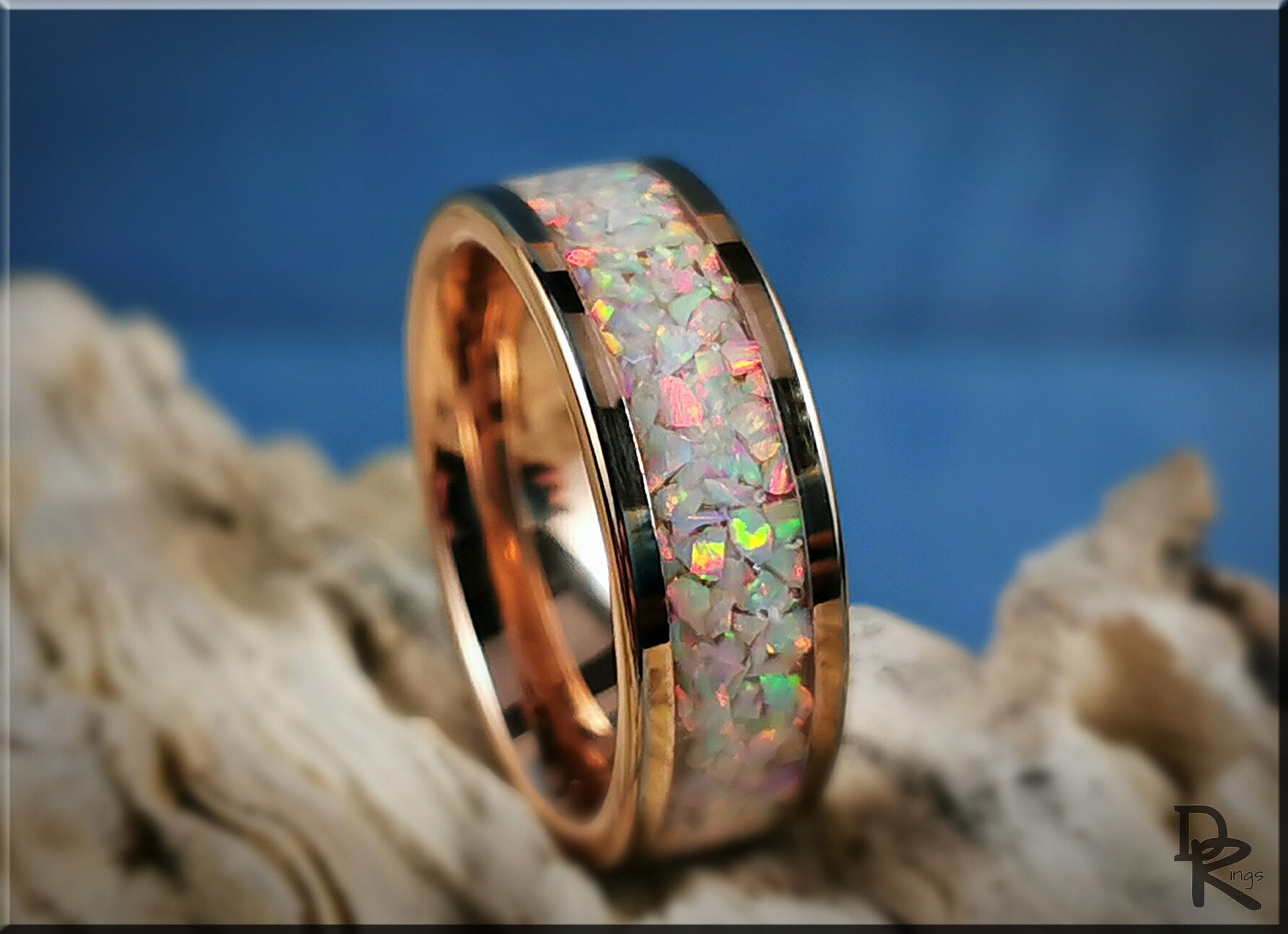 Rose Gold Plated Tungsten Carbide Channel Ring w/Sun and Ice opal inlay - metal ring