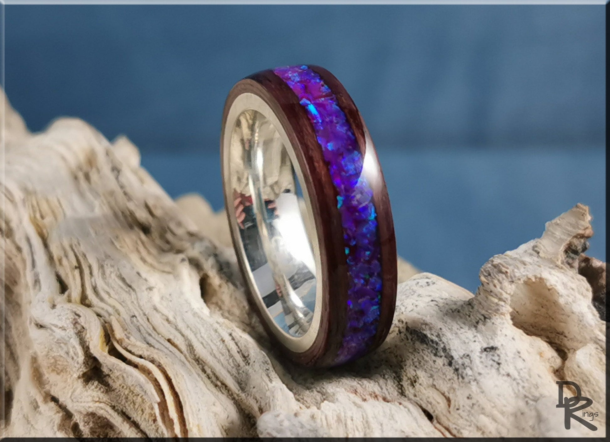 Bentwood Ring - Purpleheart w/Orchid Opal inlay, on premium .925 Sterling Silver ring core - wood ring