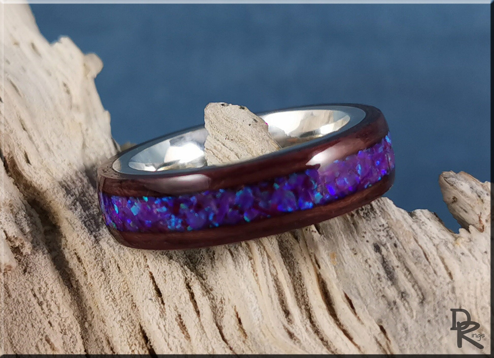 Bentwood Ring - Purpleheart w/Orchid Opal inlay, on premium .925 Sterling Silver ring core - wood ring