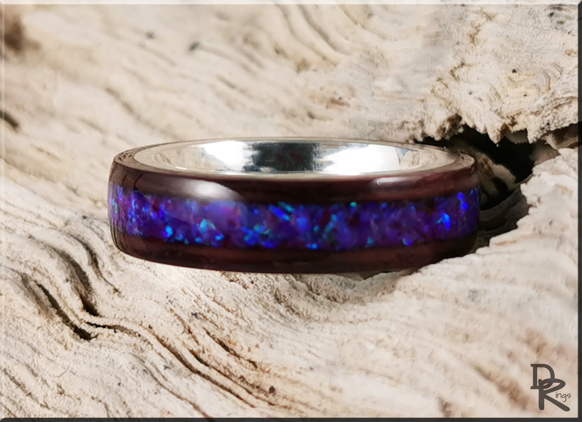 Bentwood Ring - Purpleheart w/Orchid Opal inlay, on premium .925 Sterling Silver ring core - wood ring