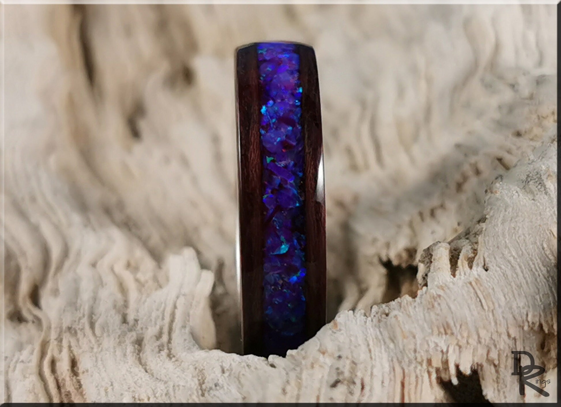 Bentwood Ring - Purpleheart w/Orchid Opal inlay, on premium .925 Sterling Silver ring core - wood ring