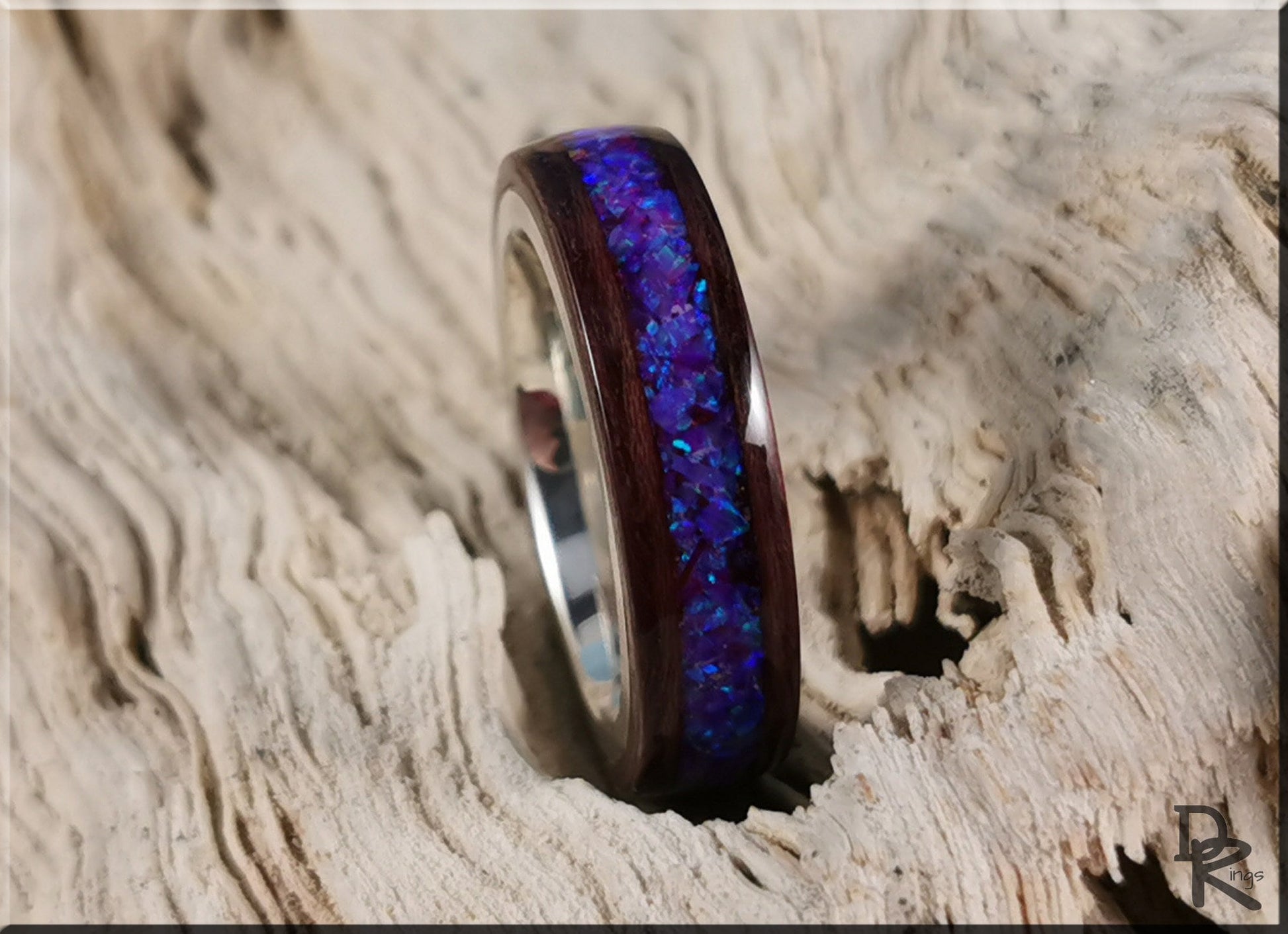 Bentwood Ring - Purpleheart w/Orchid Opal inlay, on premium .925 Sterling Silver ring core - wood ring