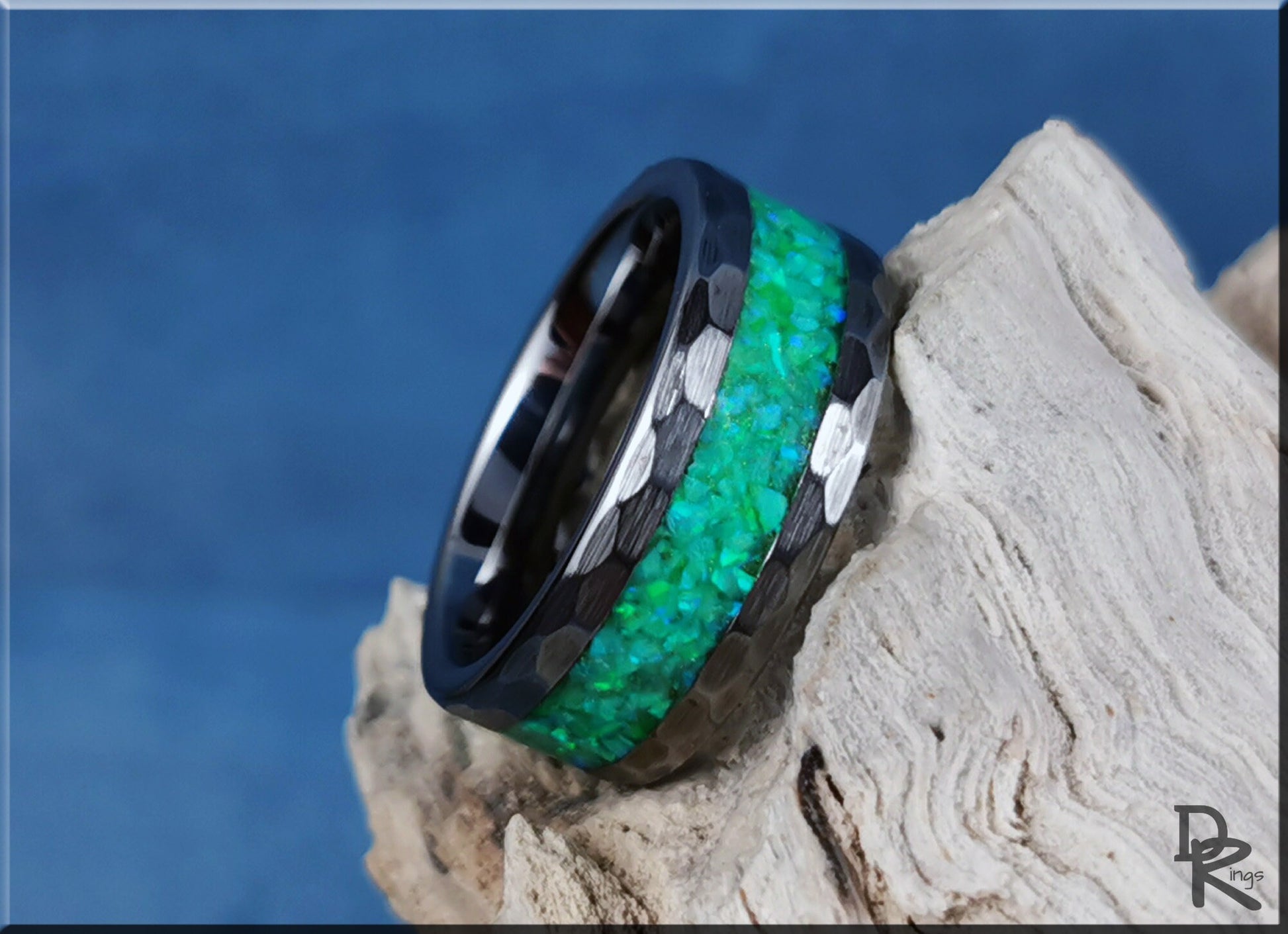 Hammered Tungsten Carbide Channel Ring w/Opal inlay - metal ring