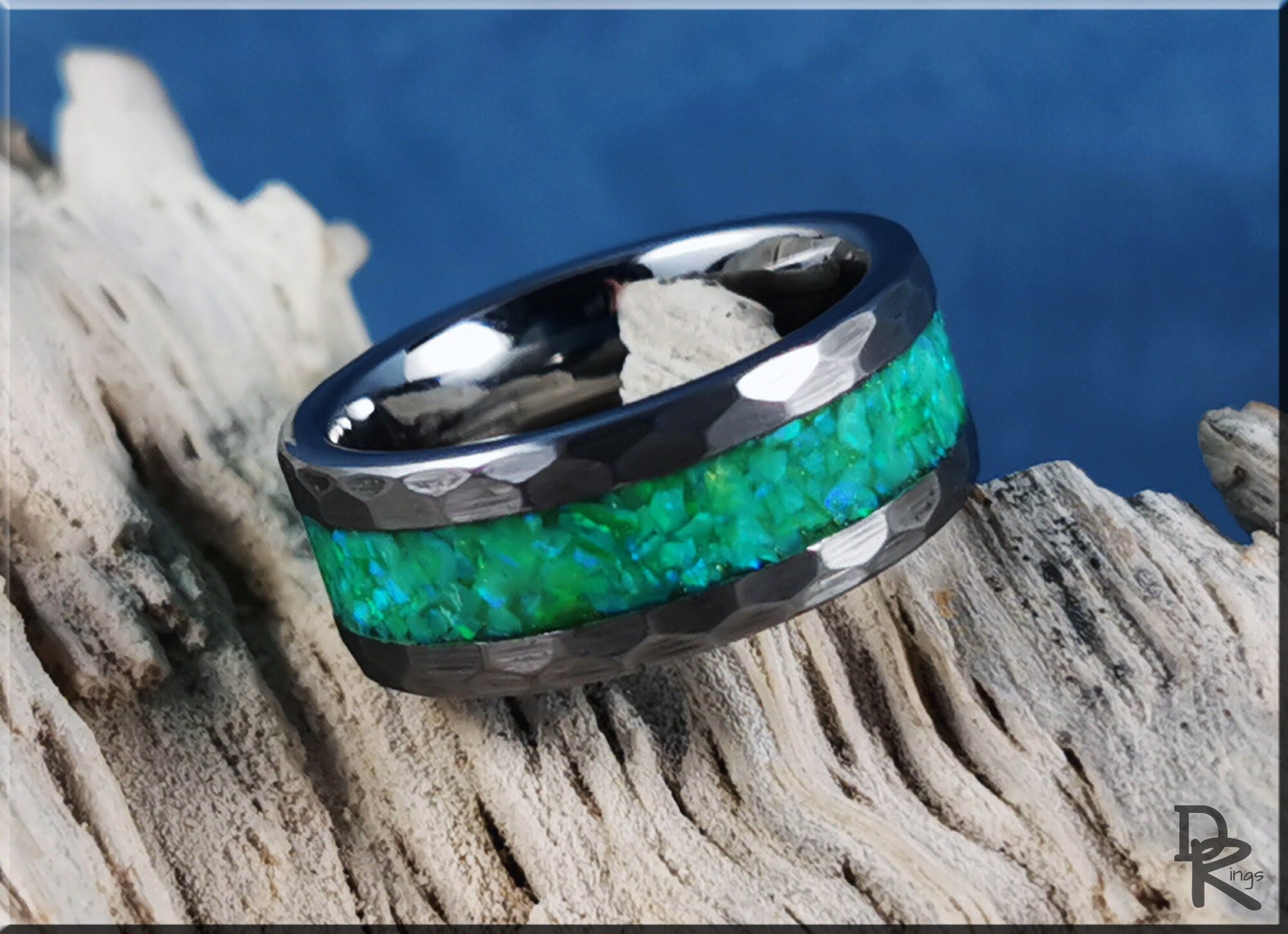 Hammered Tungsten Carbide Channel Ring w/Opal inlay - metal ring
