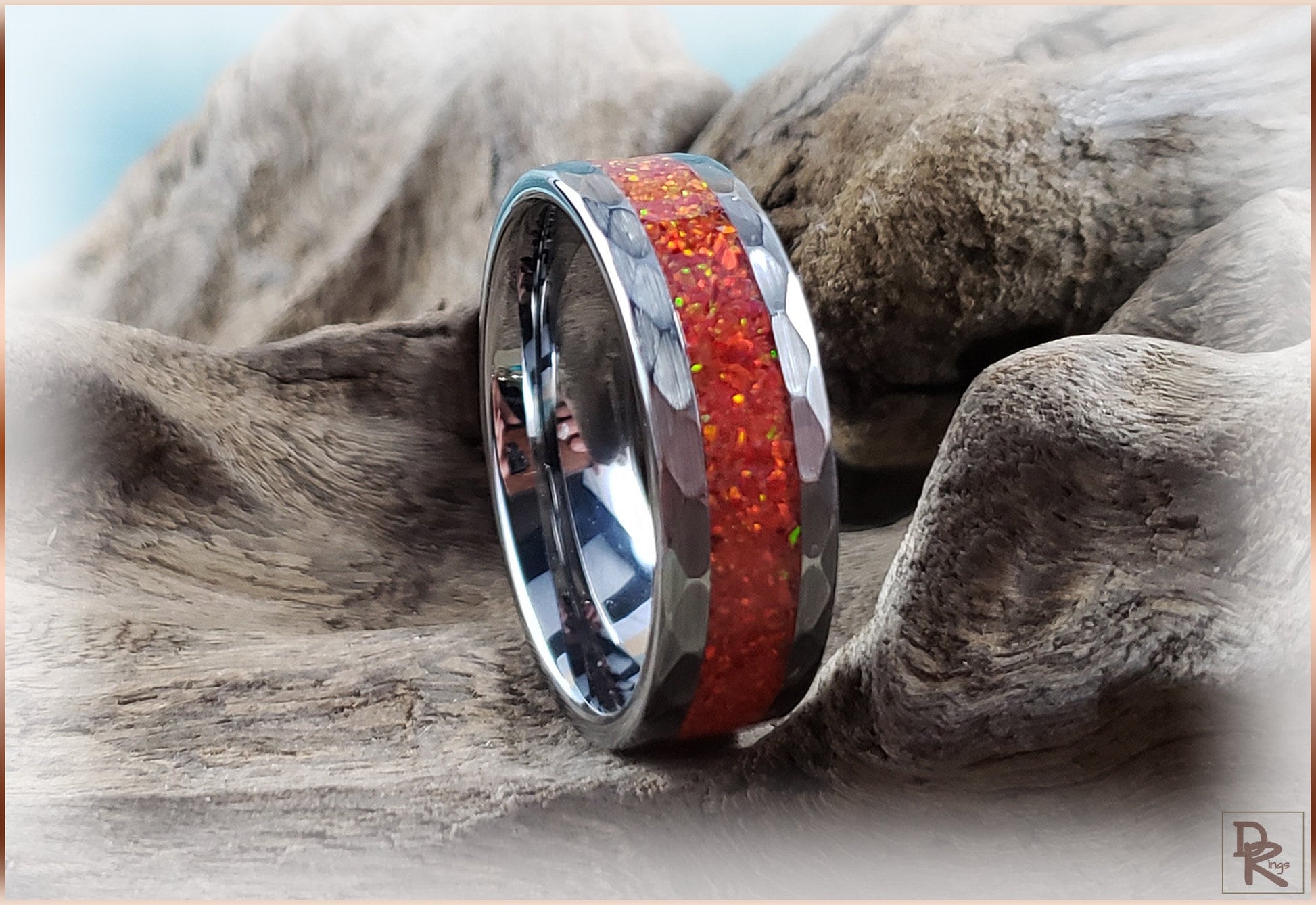 Hammered Tungsten Carbide Channel Ring w/Opal inlay - metal ring