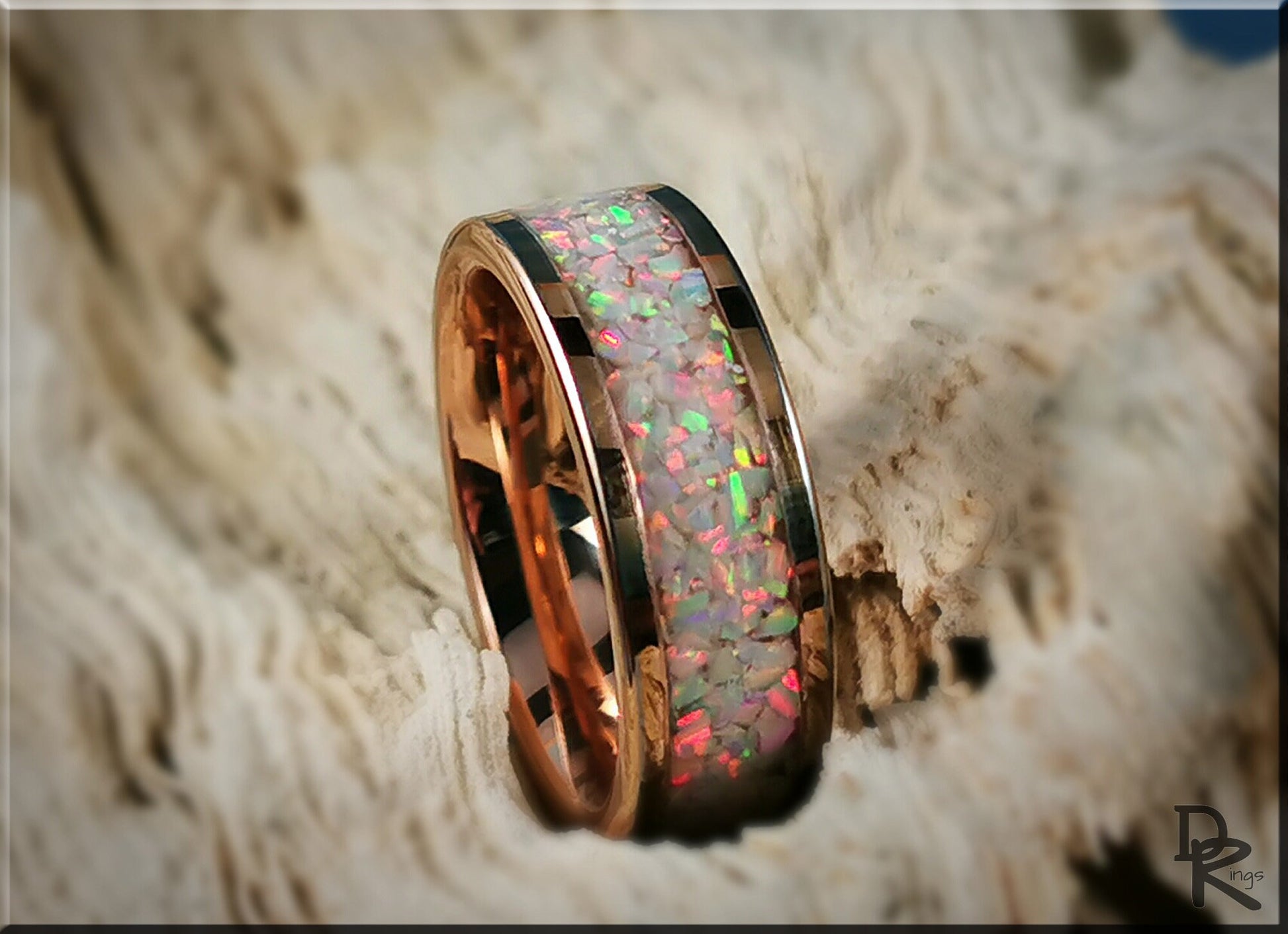 Rose Gold Plated Tungsten Carbide Channel Ring w/Sun and Ice opal inlay - metal ring