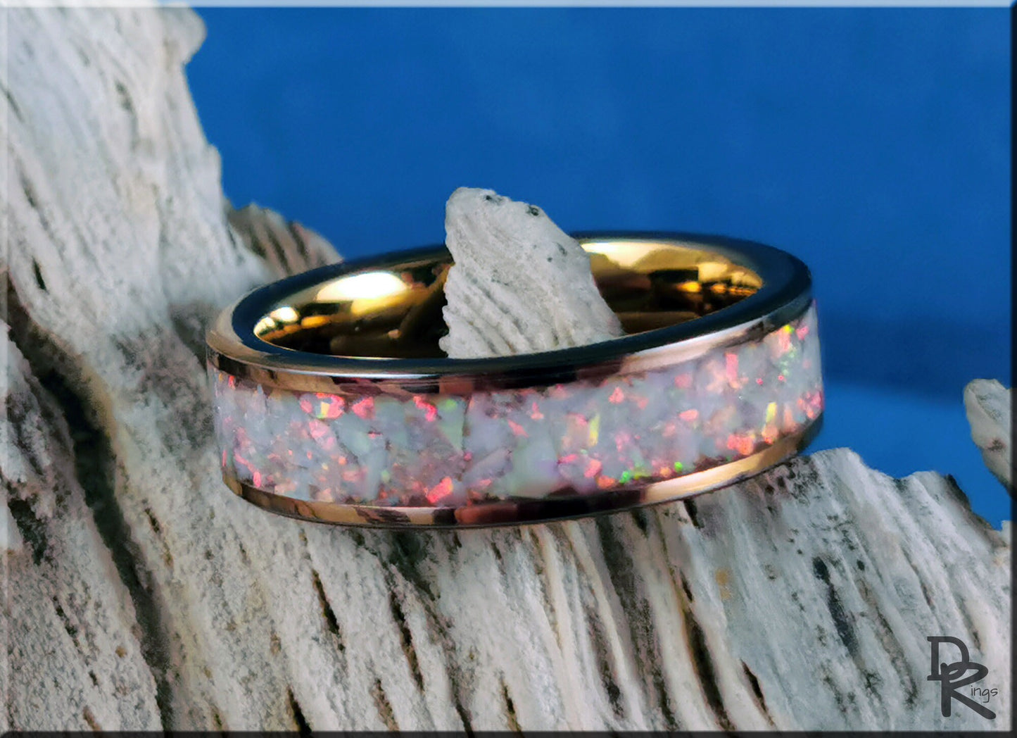 Rose Gold Plated Tungsten Carbide 6mm Channel Ring w/Sun and Ice opal inlay - metal ring