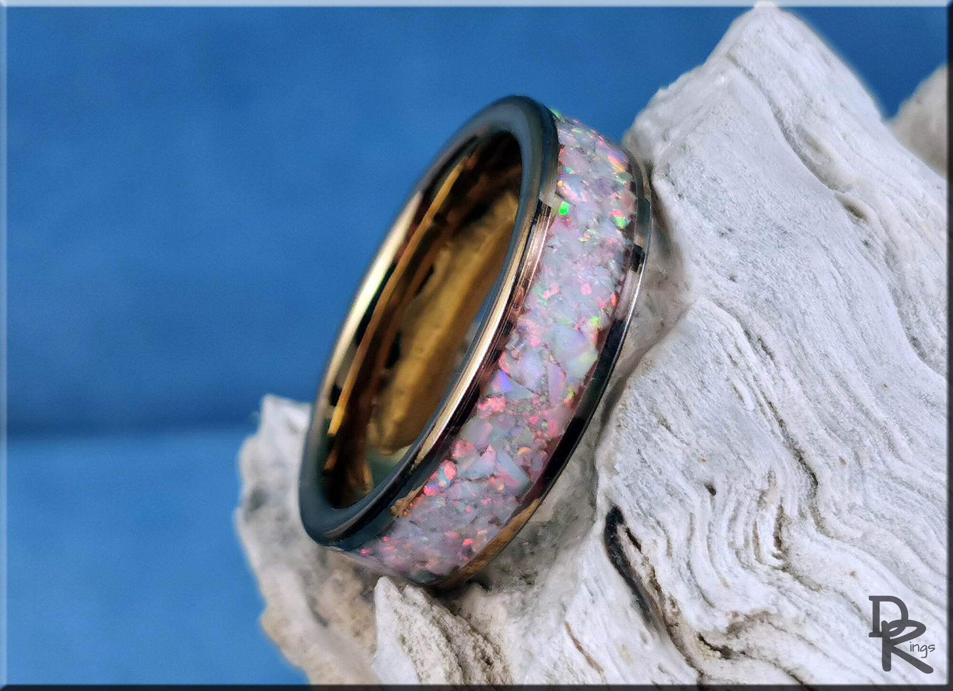 Rose Gold Plated Tungsten Carbide 6mm Channel Ring w/Sun and Ice opal inlay - metal ring