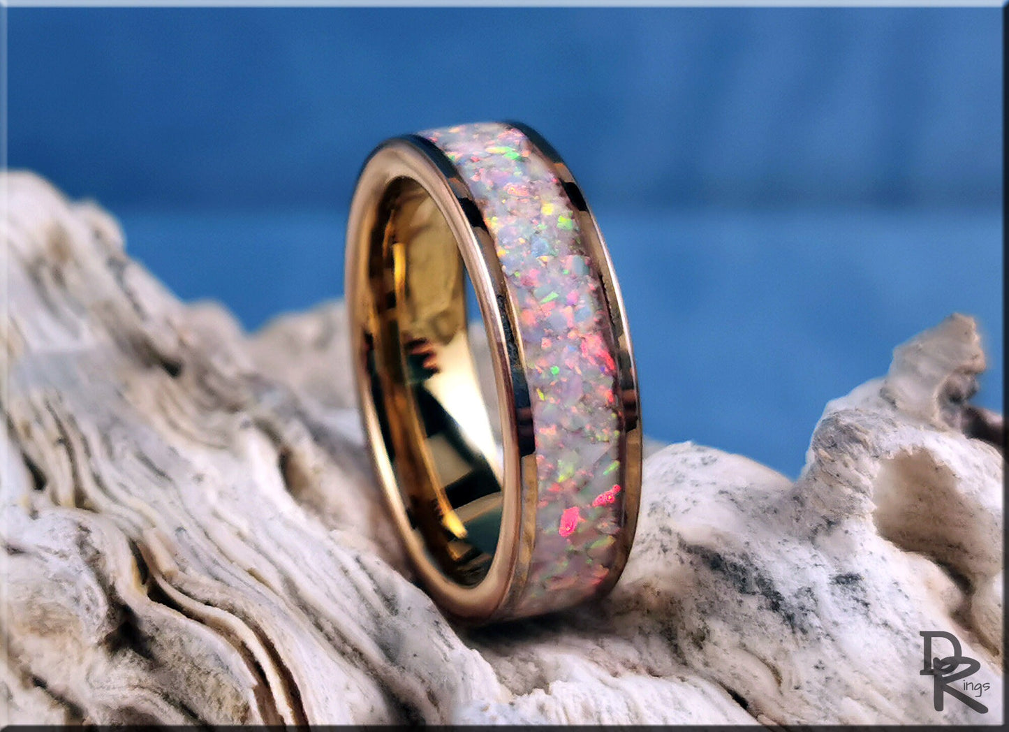 Rose Gold Plated Tungsten Carbide 6mm Channel Ring w/Sun and Ice opal inlay - metal ring