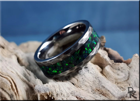 Hammered Tungsten Carbide Channel Ring w/Opal inlay - metal ring