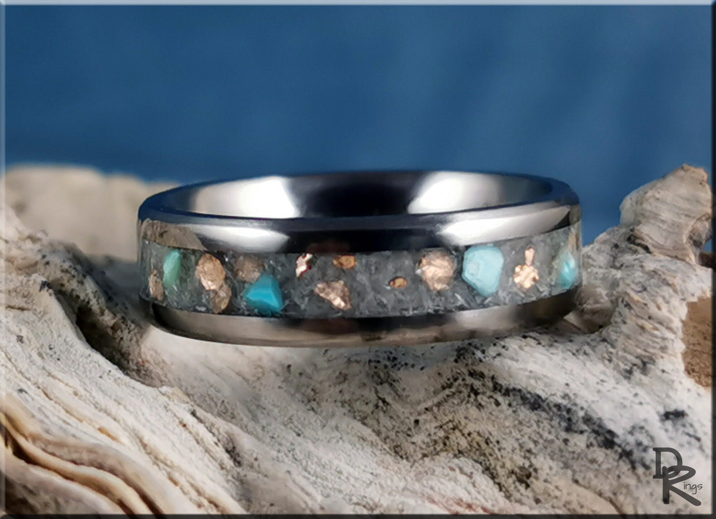 Titanium Channel Glow Ring w/Selenite, Copper, and Turquoise inlay - metal ring