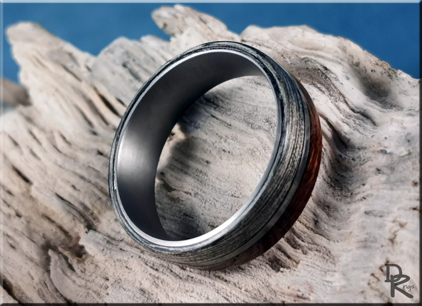 Dual Bentwood Ring - Harborica and Teak, on 7mm titanium T-Core - wood ring