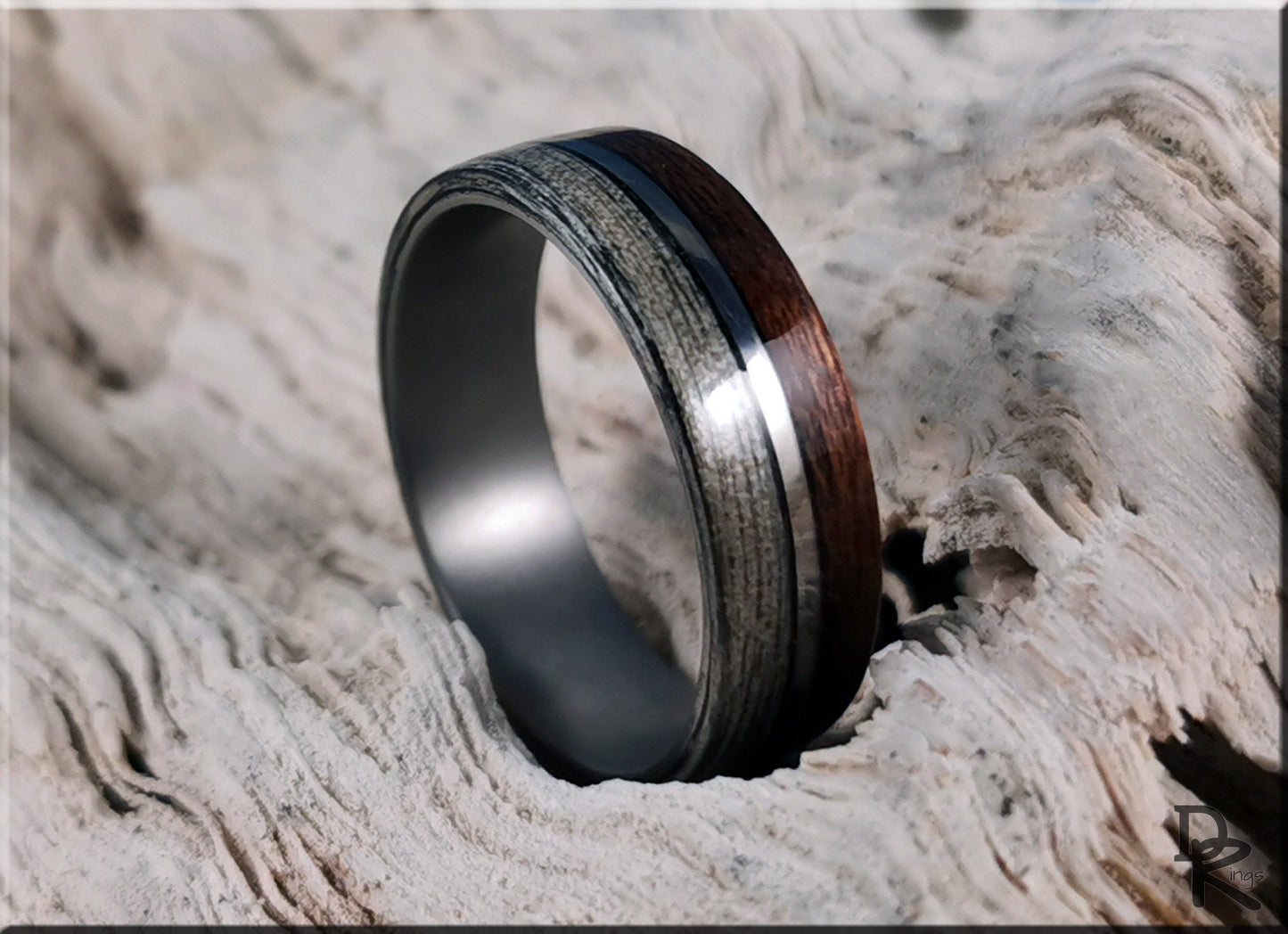 Dual Bentwood Ring - Harborica and Teak, on 7mm titanium T-Core - wood ring