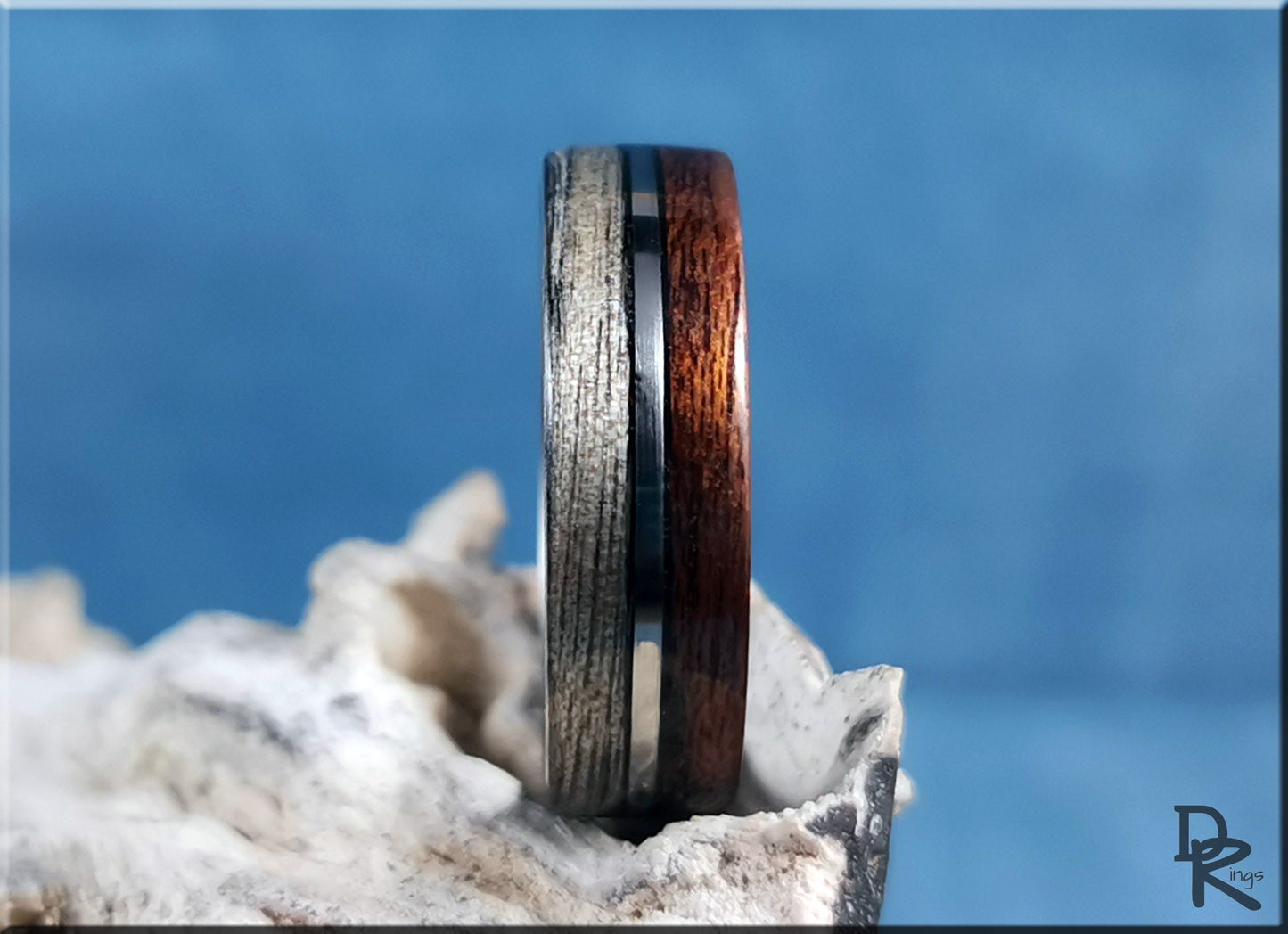 Dual Bentwood Ring - Harborica and Teak, on 7mm titanium T-Core - wood ring