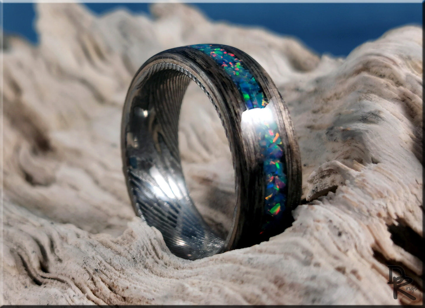 Bentwood Ring - Harborica w/Multi Teal Opal inlay, on Damascus Steel ring core - wood ring
