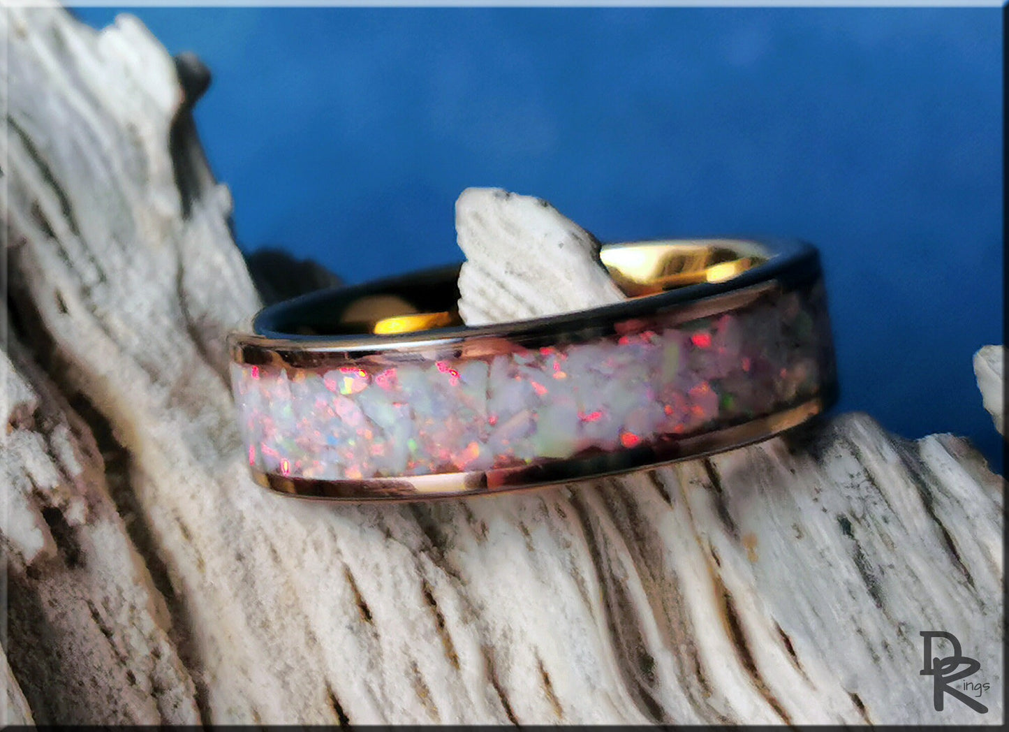 Rose Gold Plated Tungsten Carbide 6mm Channel Ring w/Sun and Ice opal inlay - metal ring