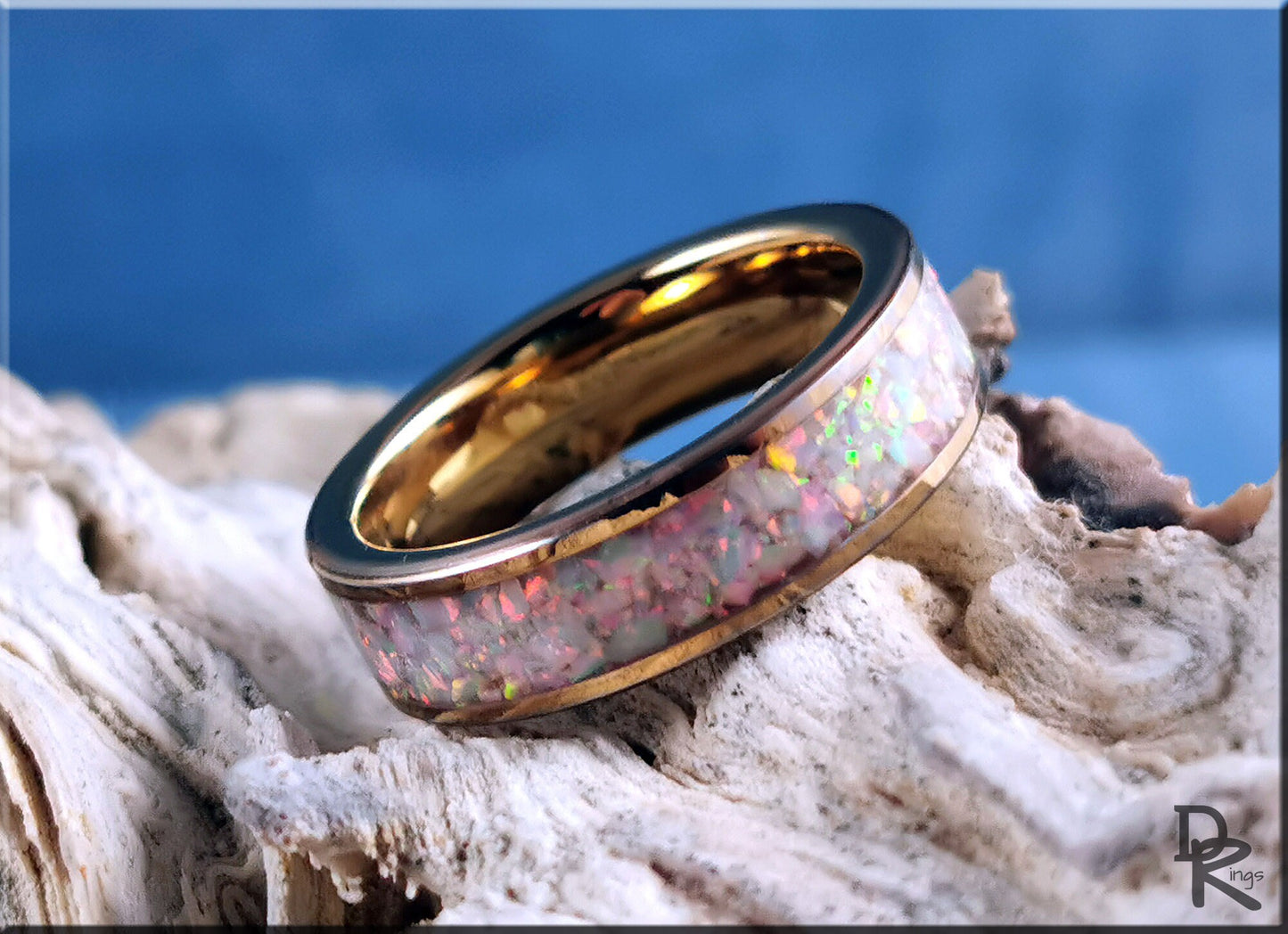 Rose Gold Plated Tungsten Carbide 6mm Channel Ring w/Sun and Ice opal inlay - metal ring