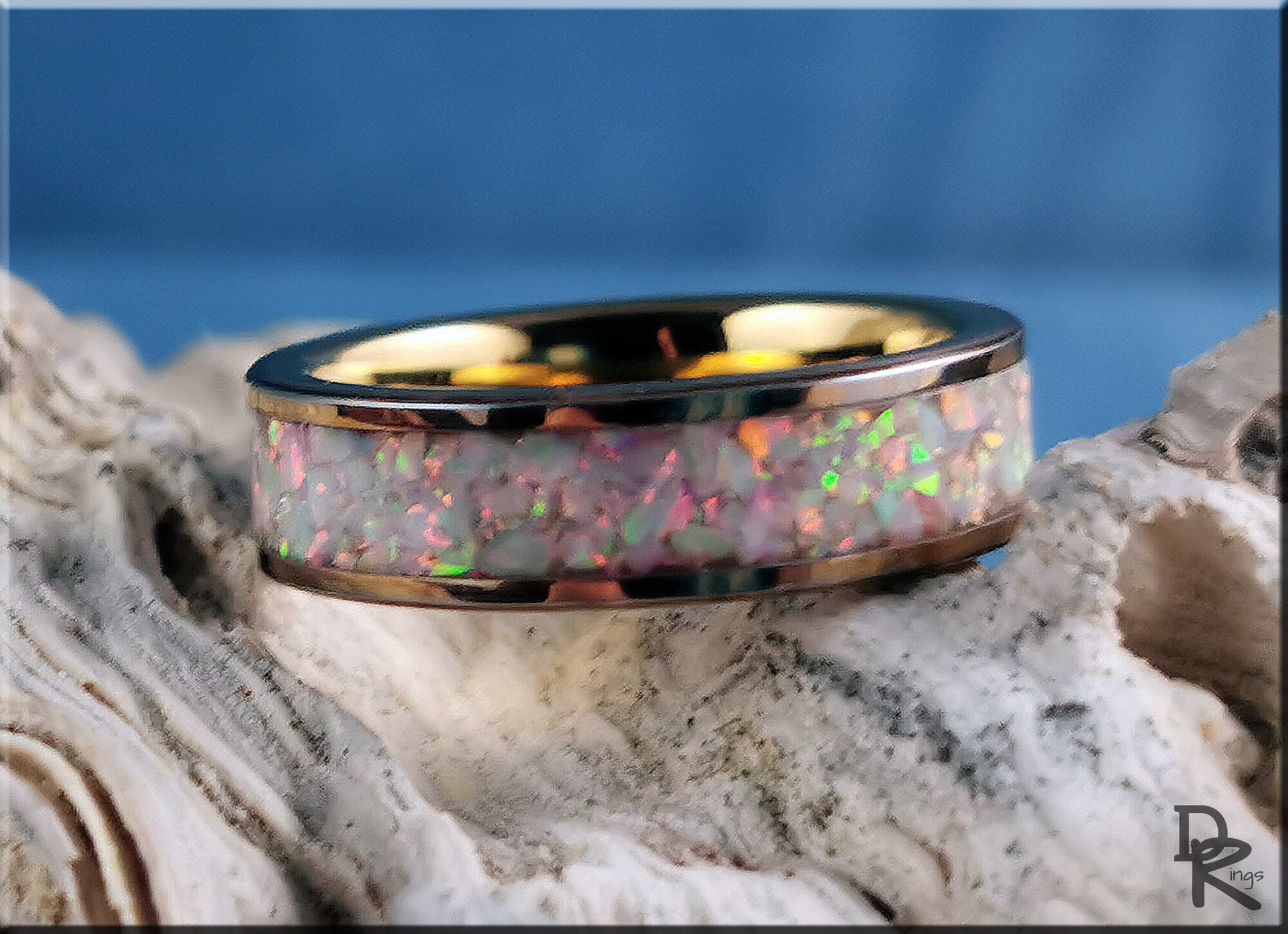 Rose Gold Plated Tungsten Carbide 6mm Channel Ring w/Sun and Ice opal inlay - metal ring