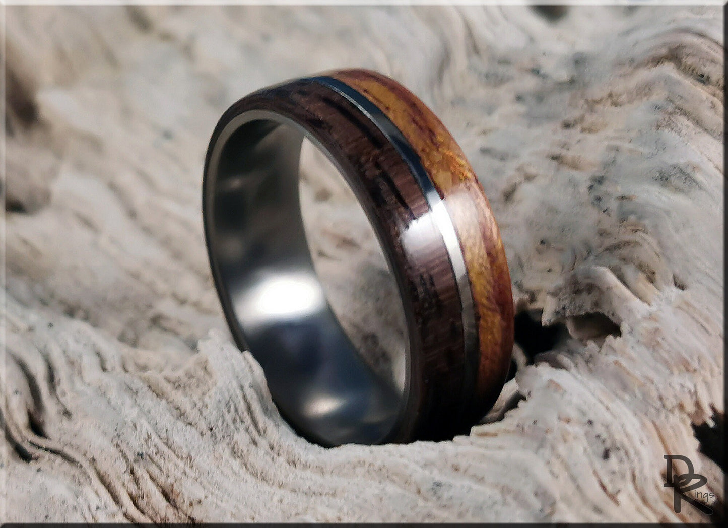 Dual Bentwood Ring - Curly Black Walnut and Figured Etimoe, on 7mm titanium T-Core - wood ring