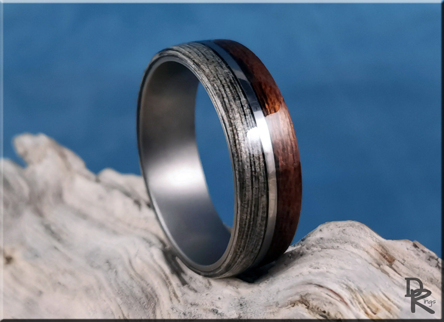 Dual Bentwood Ring - Harborica and Teak, on 7mm titanium T-Core - wood ring