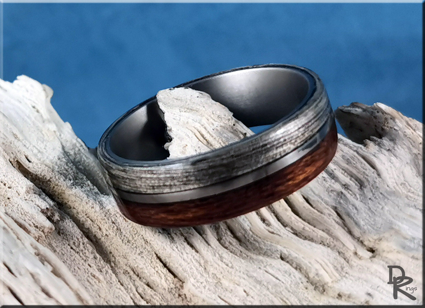 Dual Bentwood Ring - Harborica and Teak, on 7mm titanium T-Core - wood ring